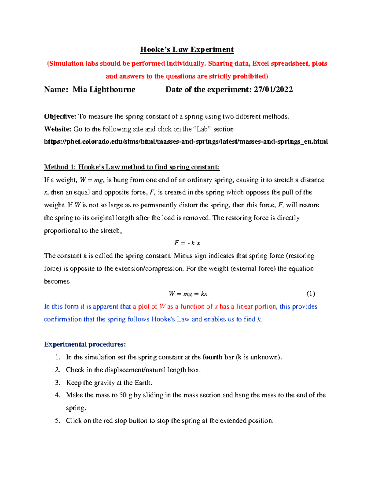 Lab1 Hookes Law simulation Phys165 spring 2022 Hooke’s Law Experiment