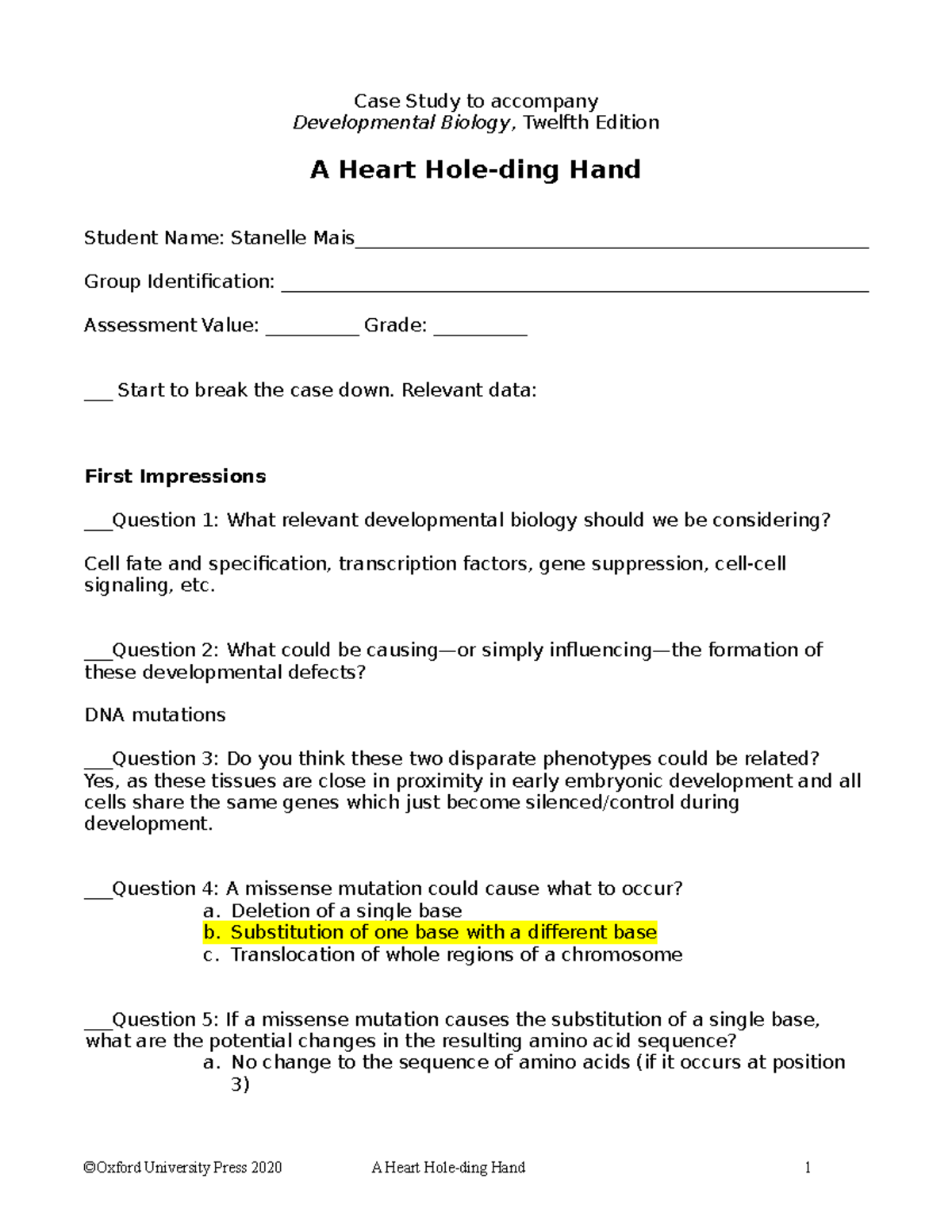 Case Study 3 Heart Hand Handout - Case Study to accompany Developmental ...