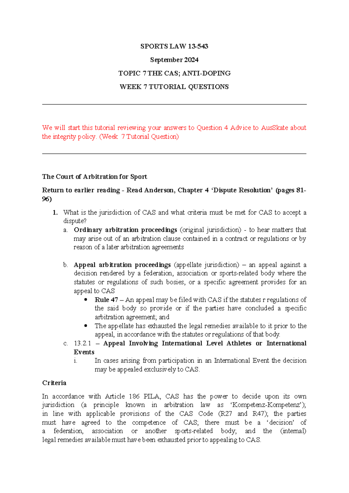 Week 8 Tutorial Questions - SPORTS LAW 13- September 2024 TOPIC 7 THE ...