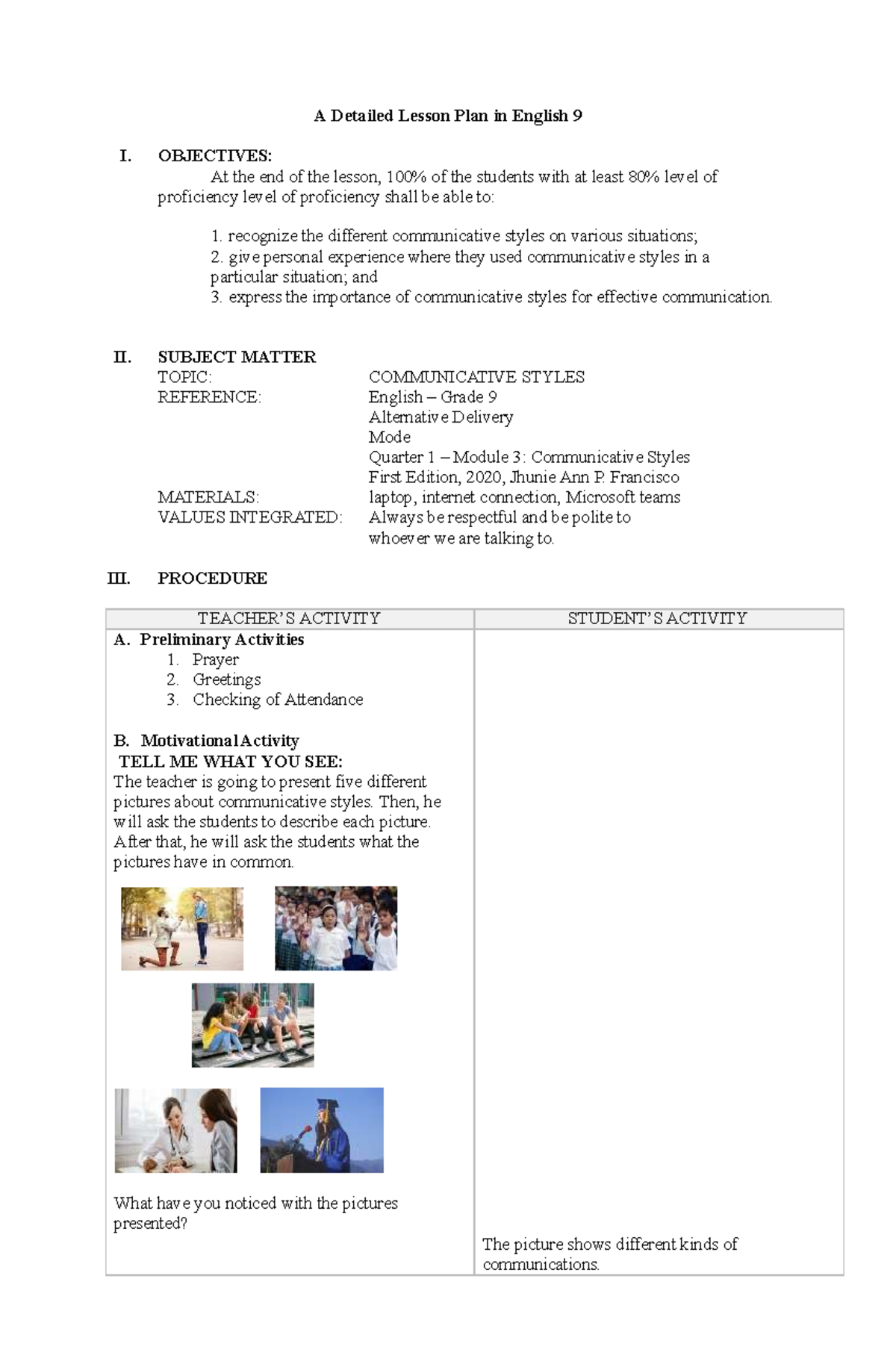 Communicative Styles A Detailed Lesson Plan In English 9 I