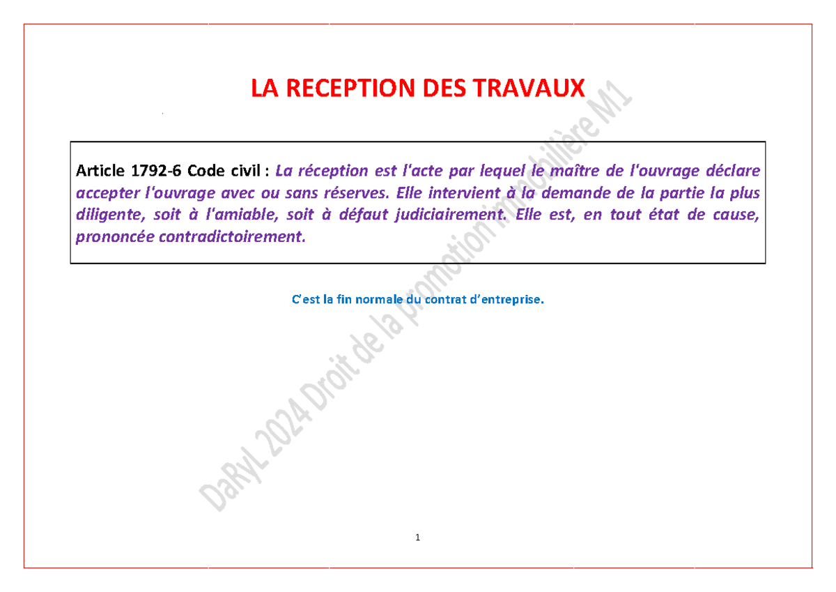 Construire La réception des travaux - LA RECEPTION DES TRAVAUX Article