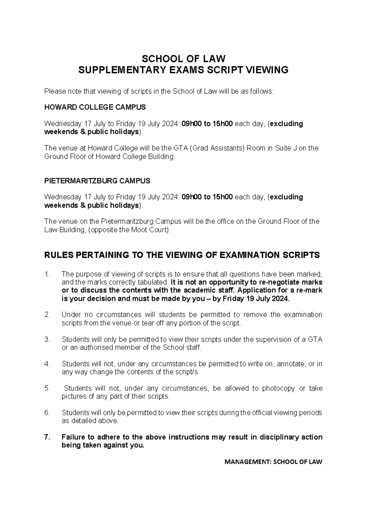 Script Viewing 1st Semester Supp Exams - SCHOOL OF LAW SUPPLEMENTARY ...