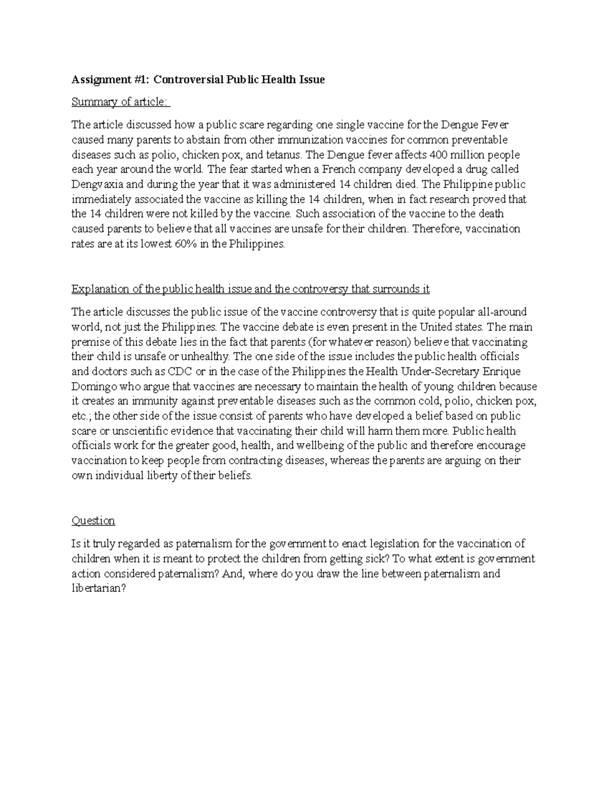 Ph assignment 1 Grade A Assignment 1 Controversial Public Health