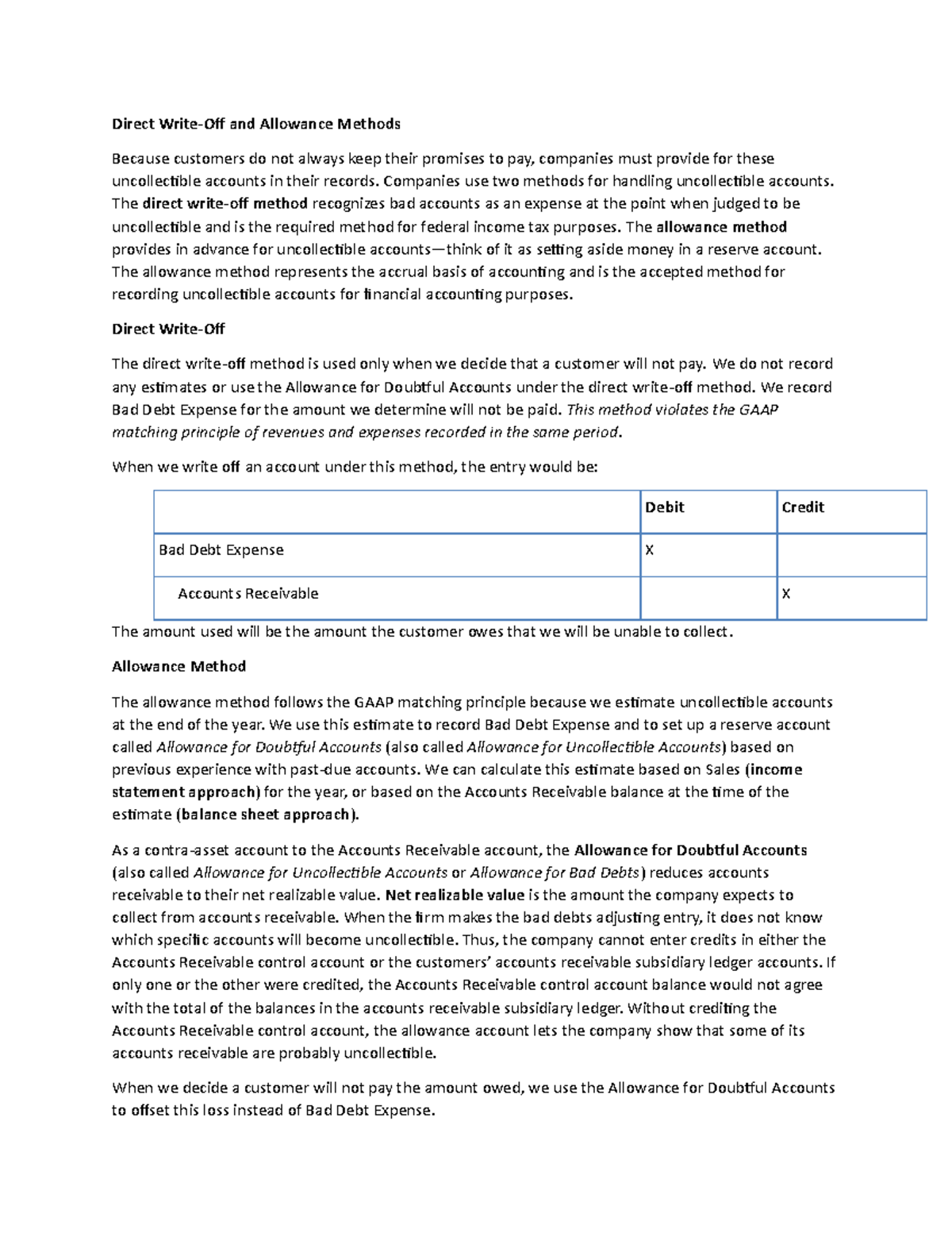 Direct Write-Off and Allowance Methods Notes - Direct Write-Off and ...