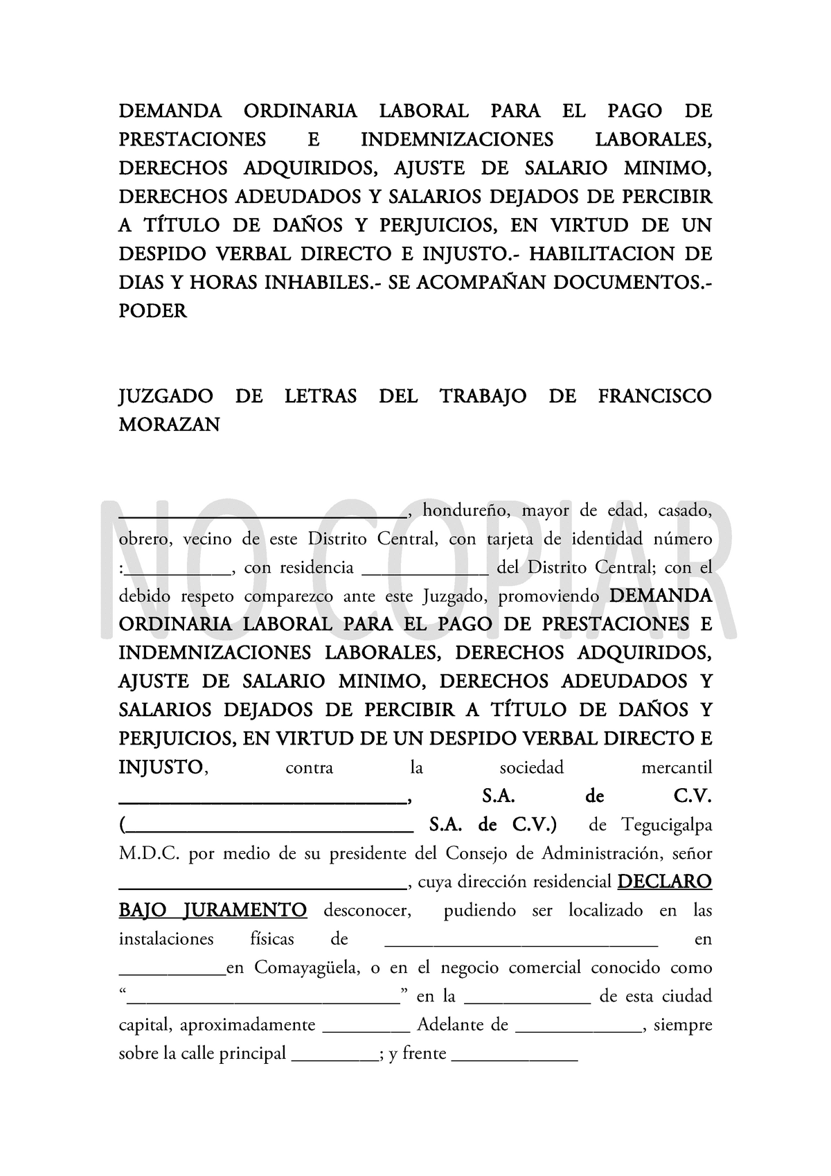 Demanda ordinaria laboral para el pago de prestaciones e