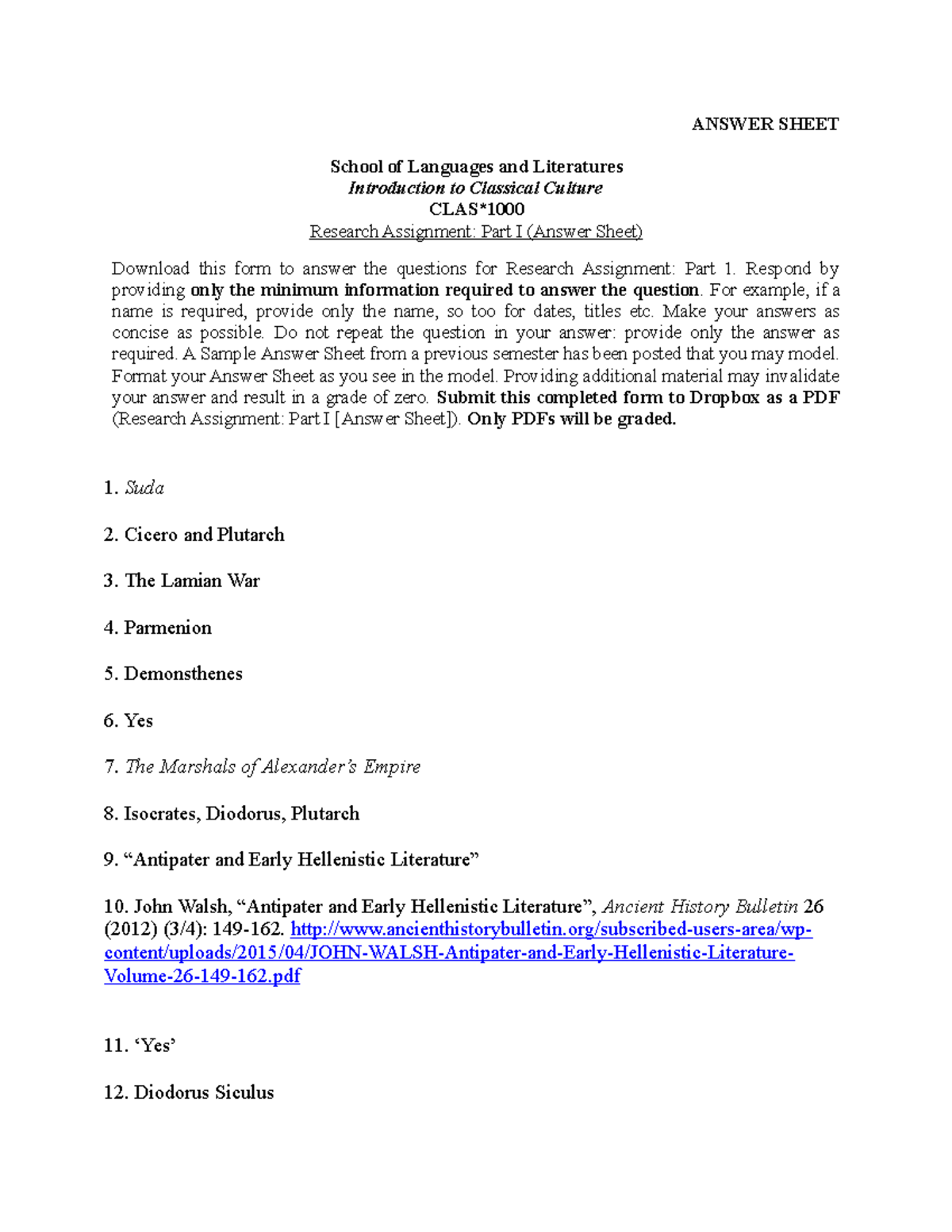 1000 Researh Assignment 1 - ANSWER SHEET School of Languages and ...
