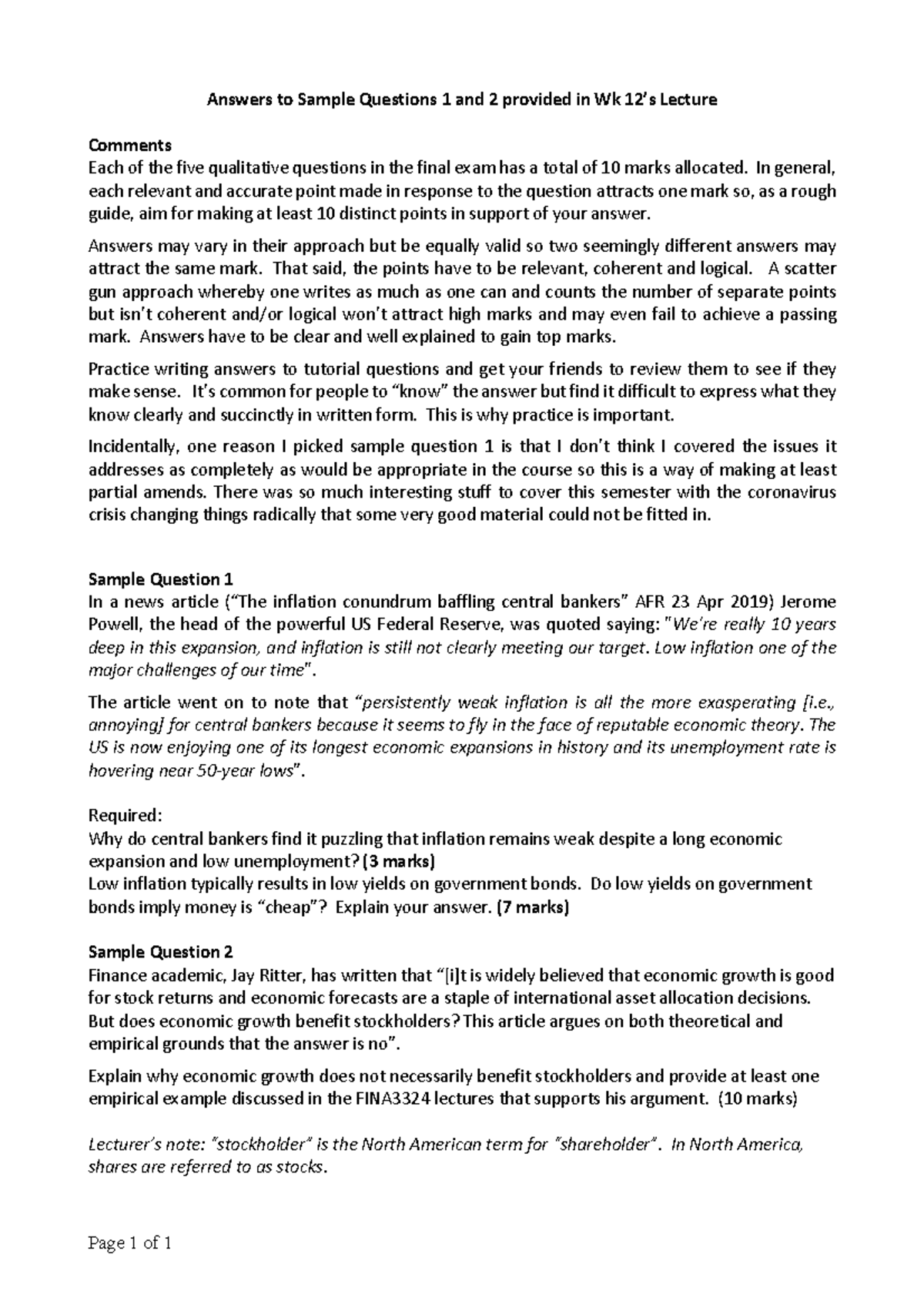 Sample Questions 1 and 2 - Page 1 of 1 Answers to Sample Questions 1 ...