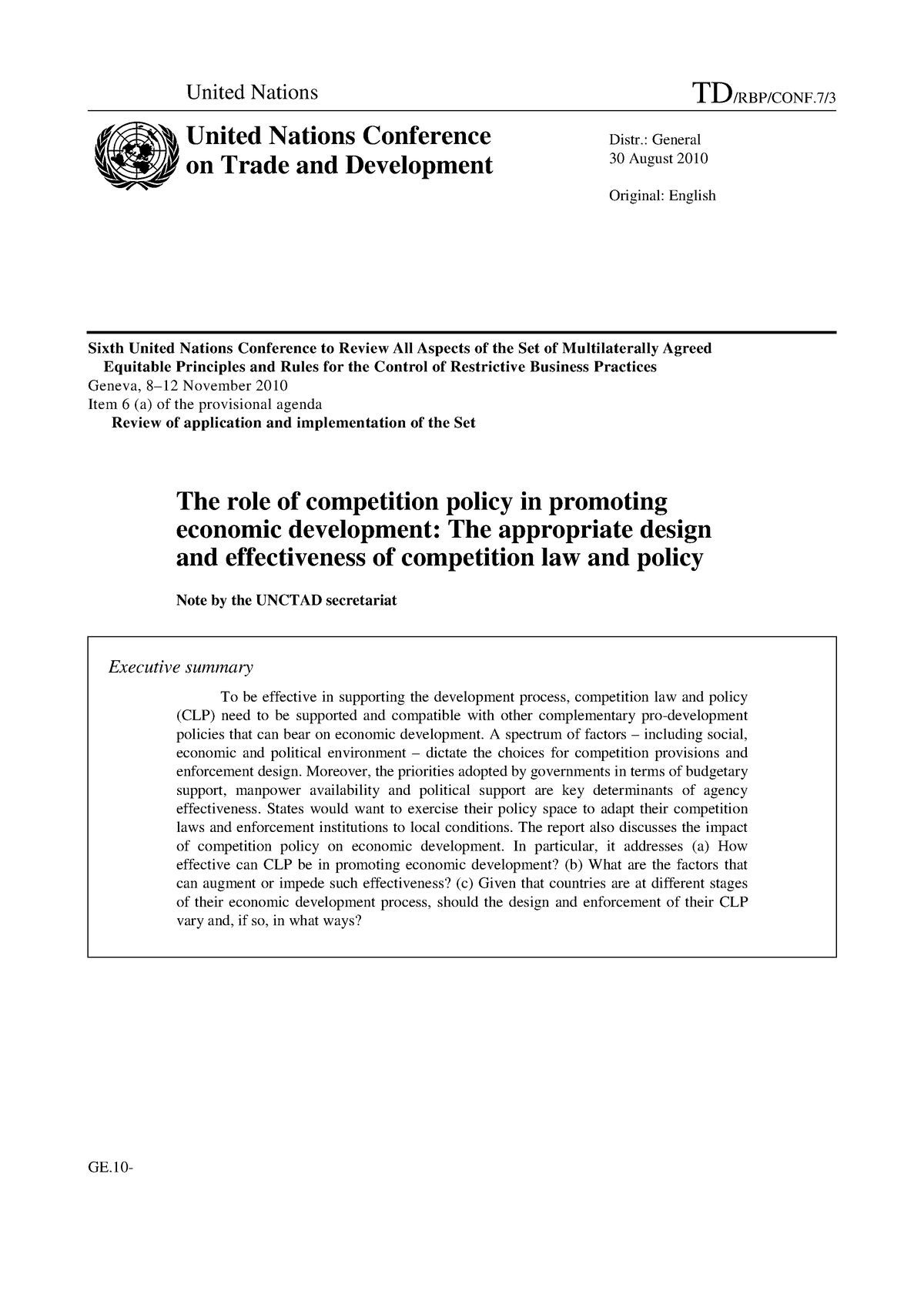 Economic development - Objectives of competition law - GE- Sixth United ...