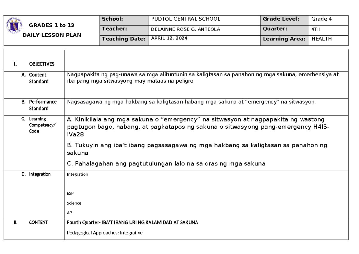 Grade 4 health Ibat ibang kalamidad - GRADES 1 to 12 DAILY LESSON PLAN ...