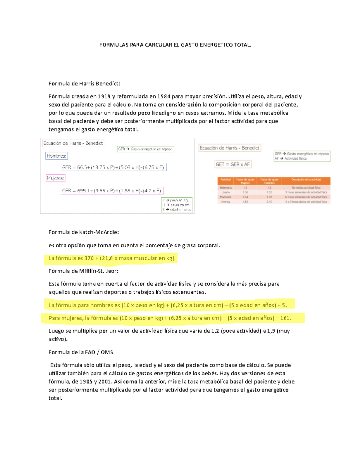 Formulas PARA Carcular EL Gasto Energetico Total - FORMULAS PARA ...