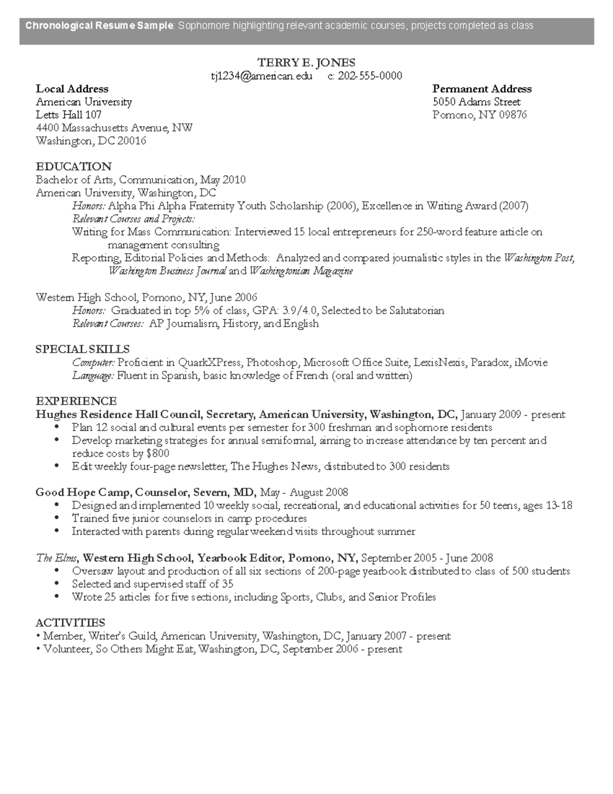 Chronological-resume-samples - Chronological Resume Sample: Sophomore ...