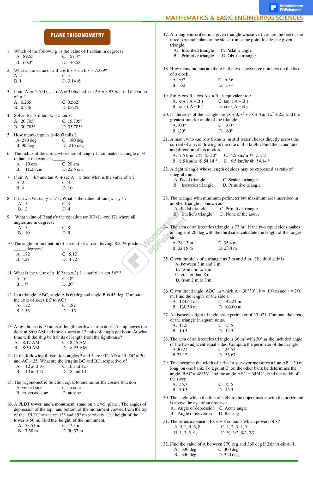 Trigonometry PSE Module 2 - PLANE TRIGONOMETRY Which of the following ...