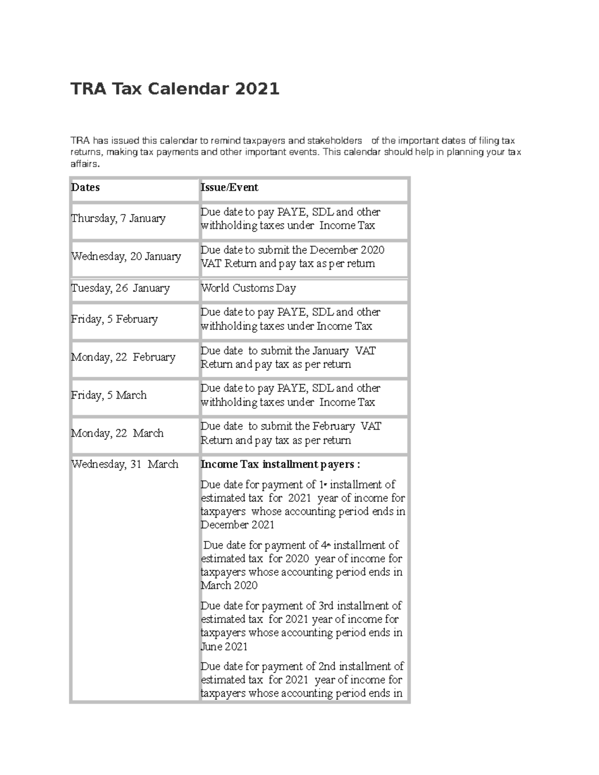 TRA Tax Calendar 2021 Tusome kwa maendeleo ya watu TRA Tax Calendar