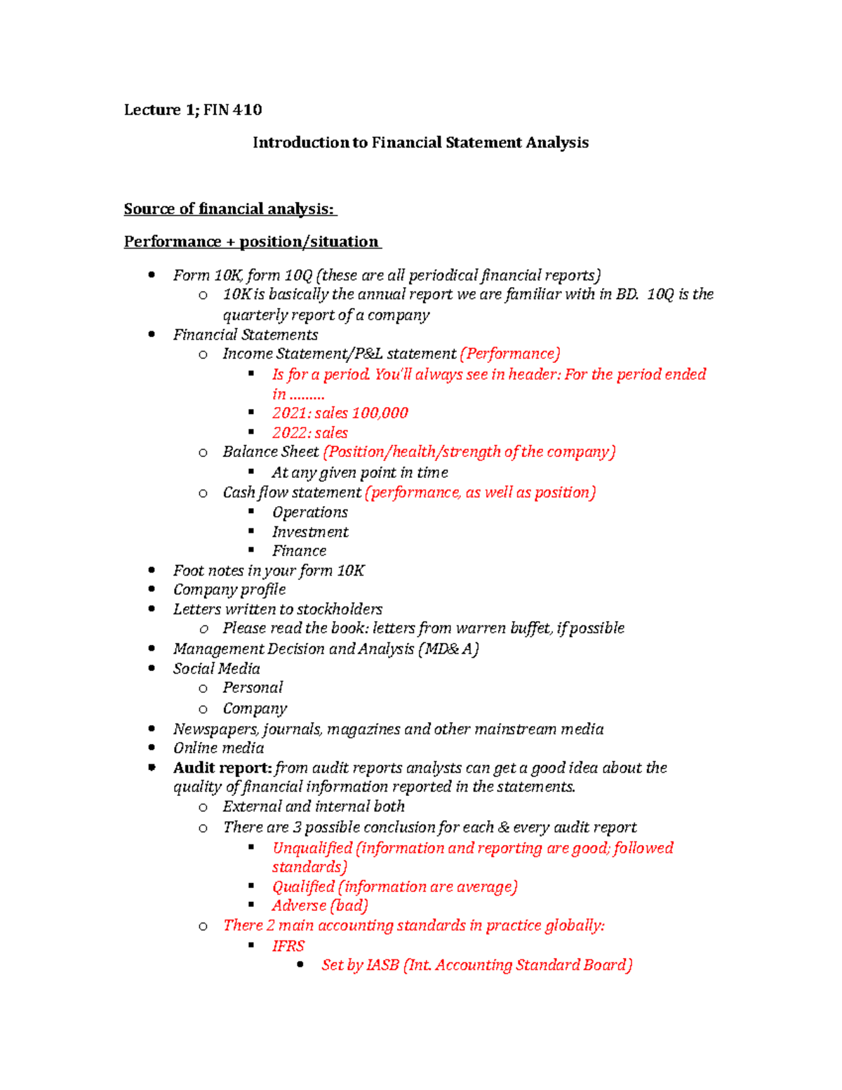 Lecture 1 - cash flow statement - Lecture 1; FIN 410 Introduction to ...