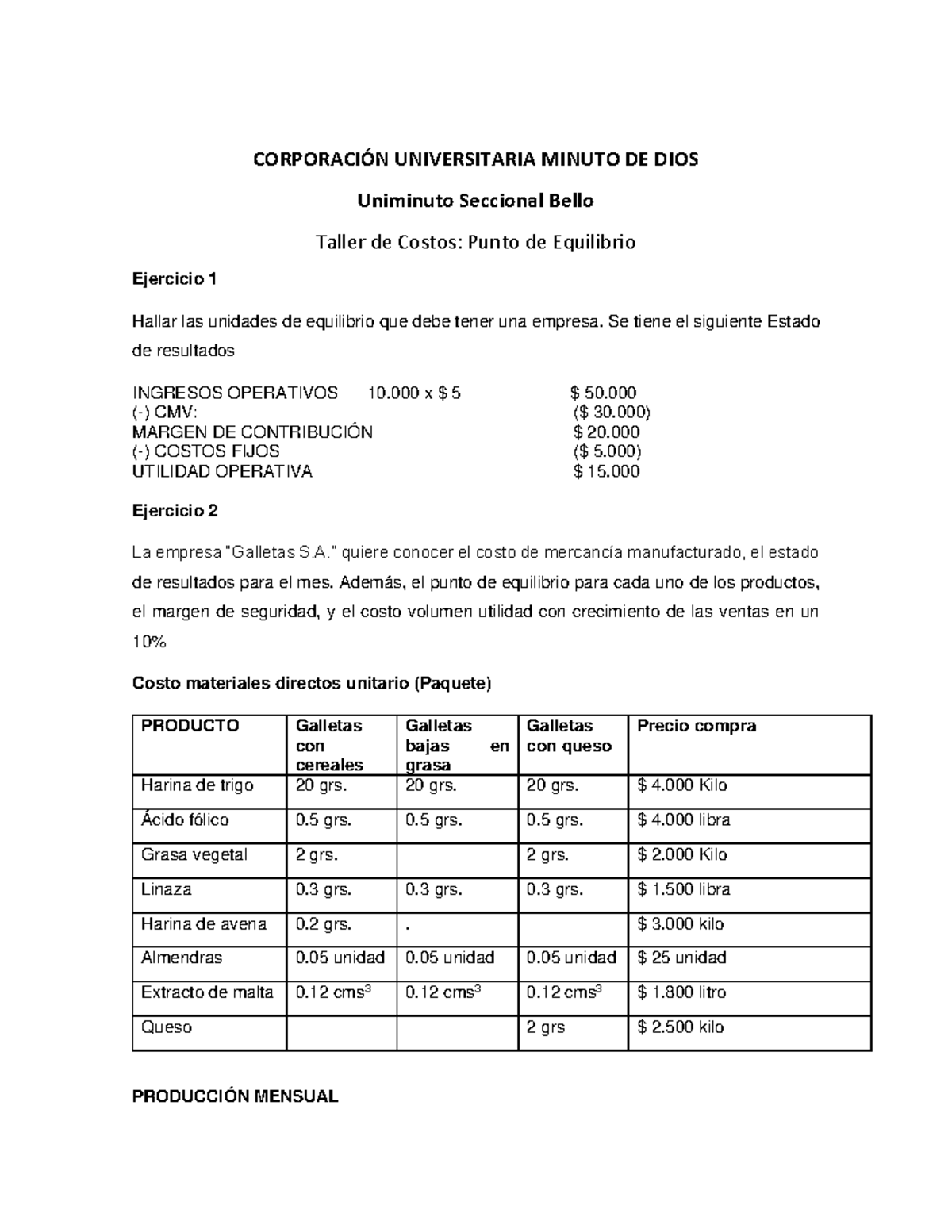 Taller Punto De Equilibrio - CORPORACI”N UNIVERSITARIA MINUTO DE DIOS ...