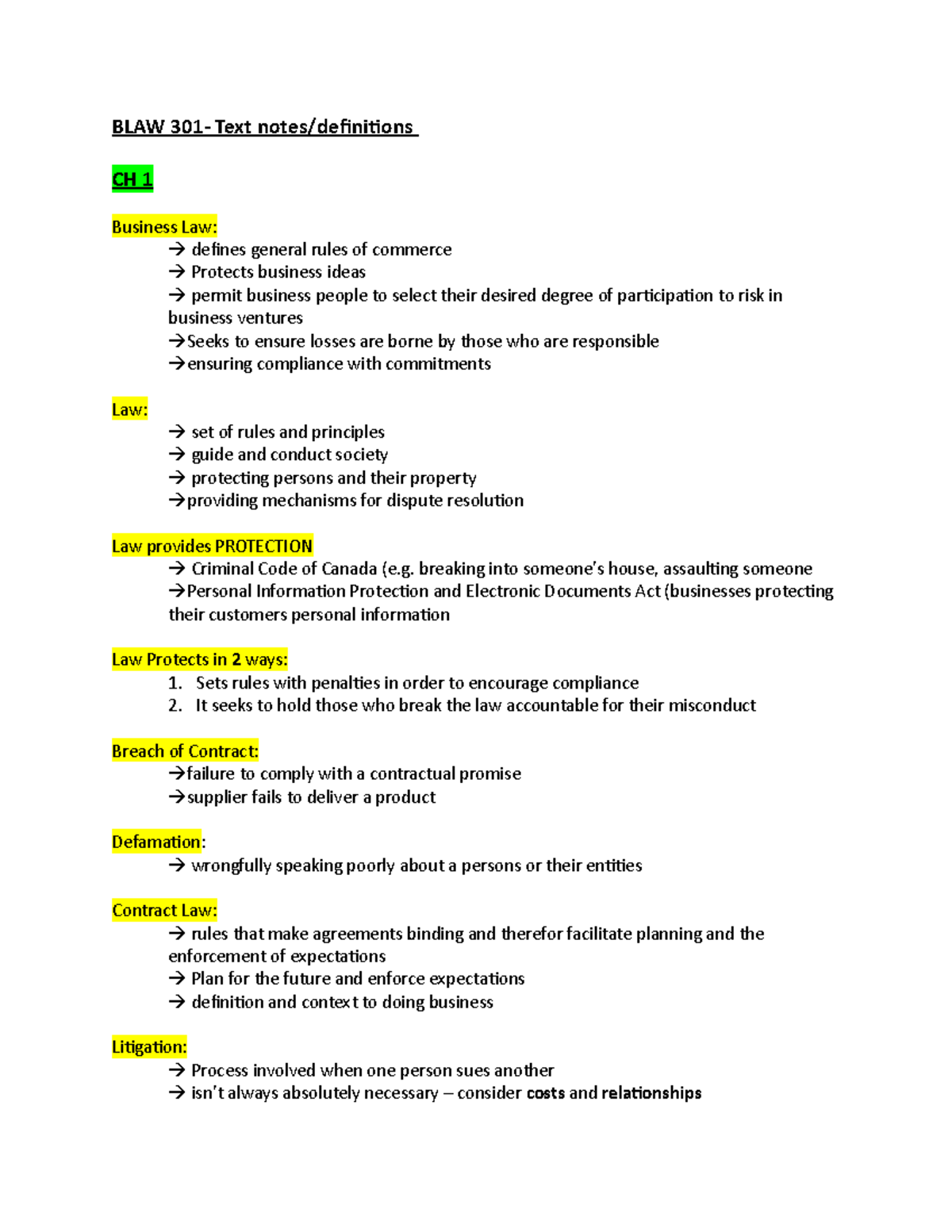 BLAW 301 Midterm 1 Textbook Stuff - BLAW 301- Text Notes/definitions CH ...