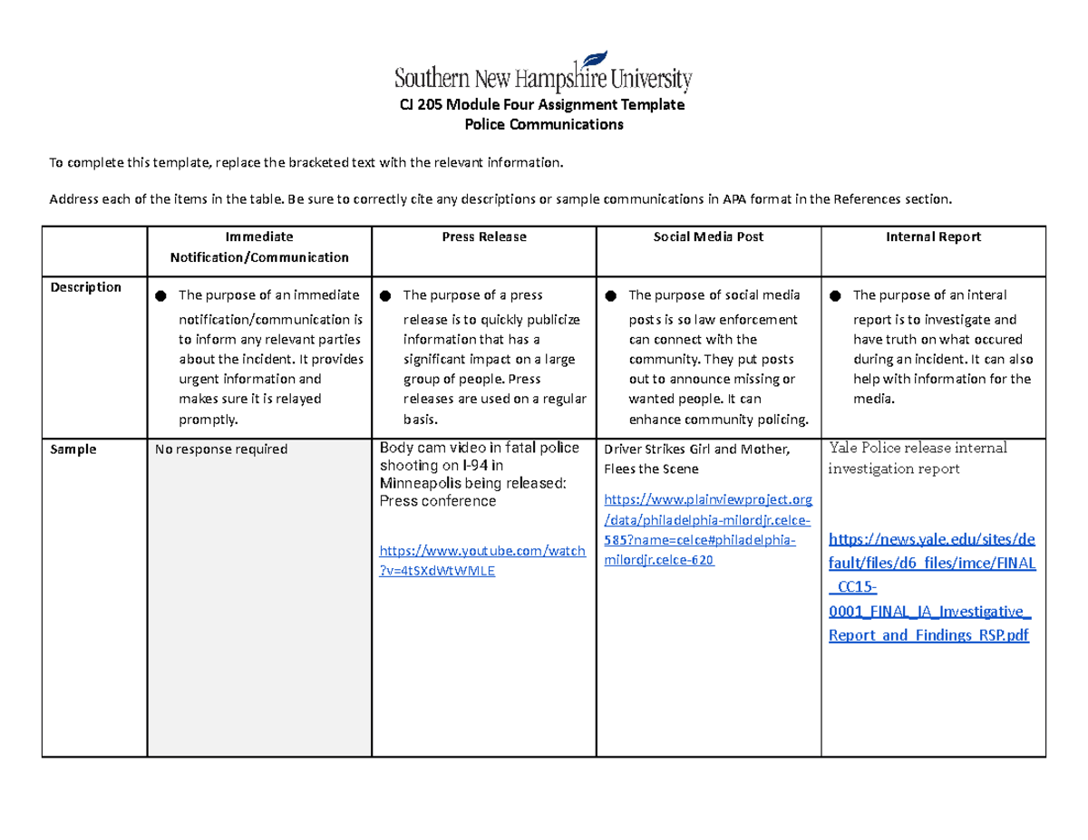 CJ 205 Module Four Assignment - Address each of the items in the table ...