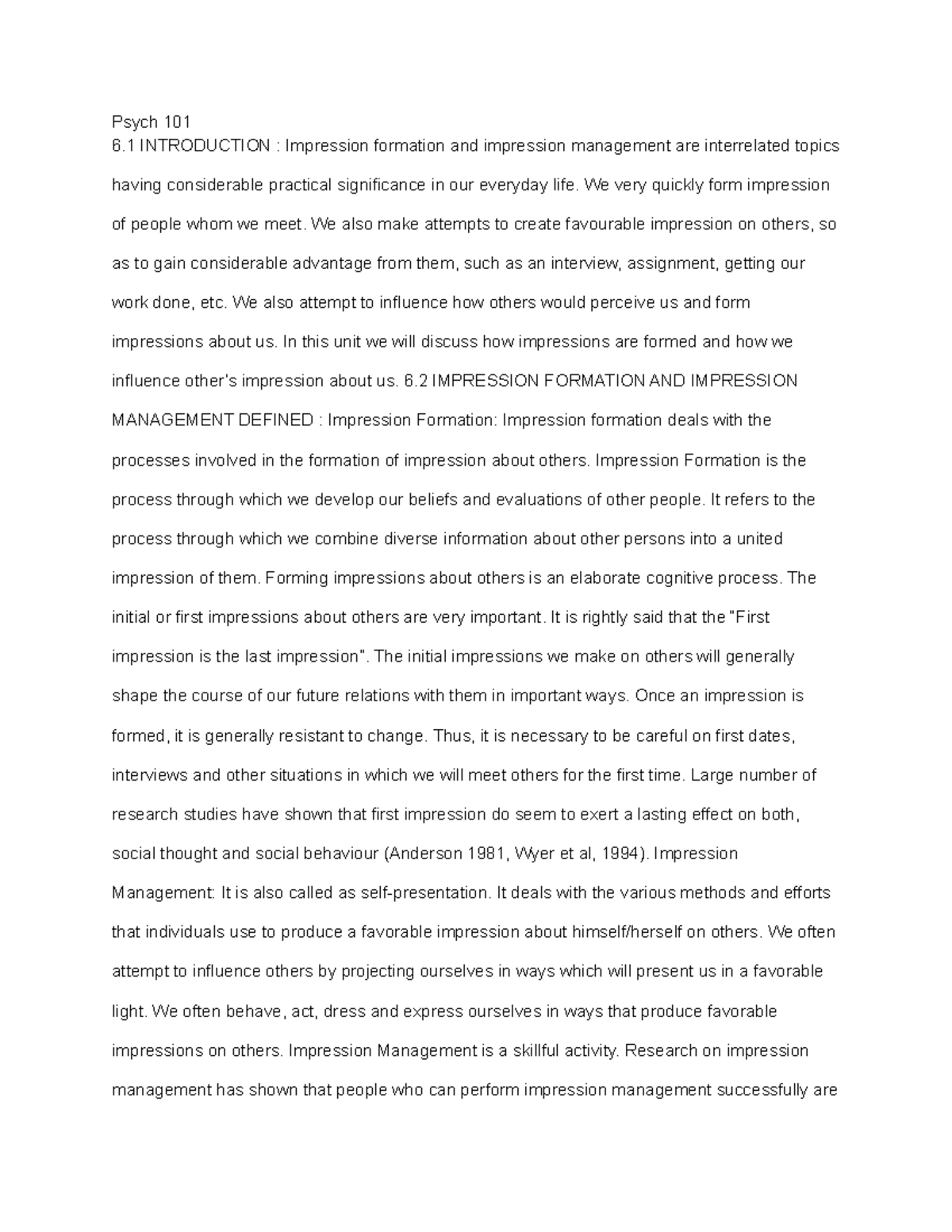 Ch. 6 Impression - Psych 101 6 INTRODUCTION : Impression formation and ...