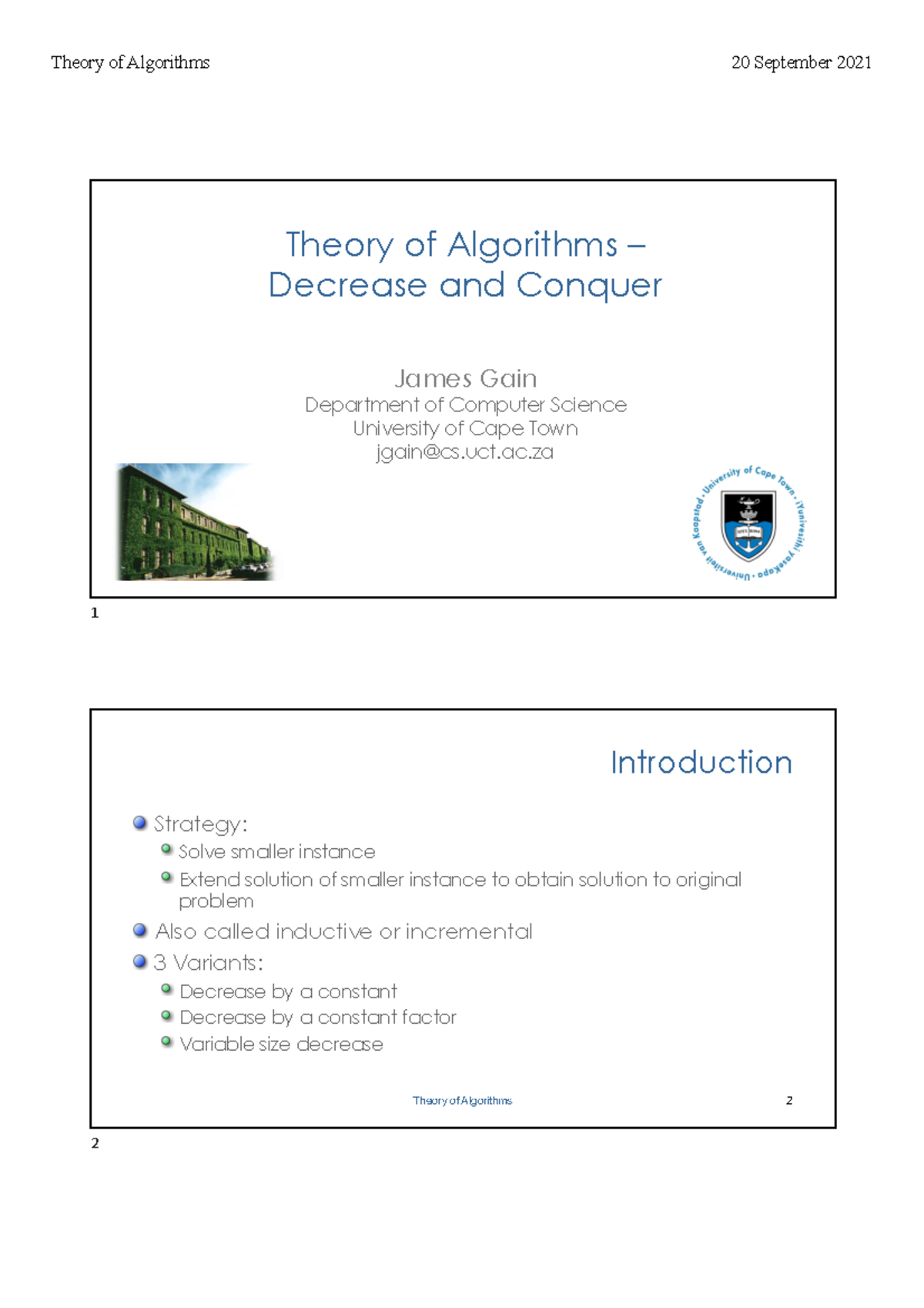 TOA4 Decrease and Conquer - Theory of Algorithms – Decrease and Conquer ...