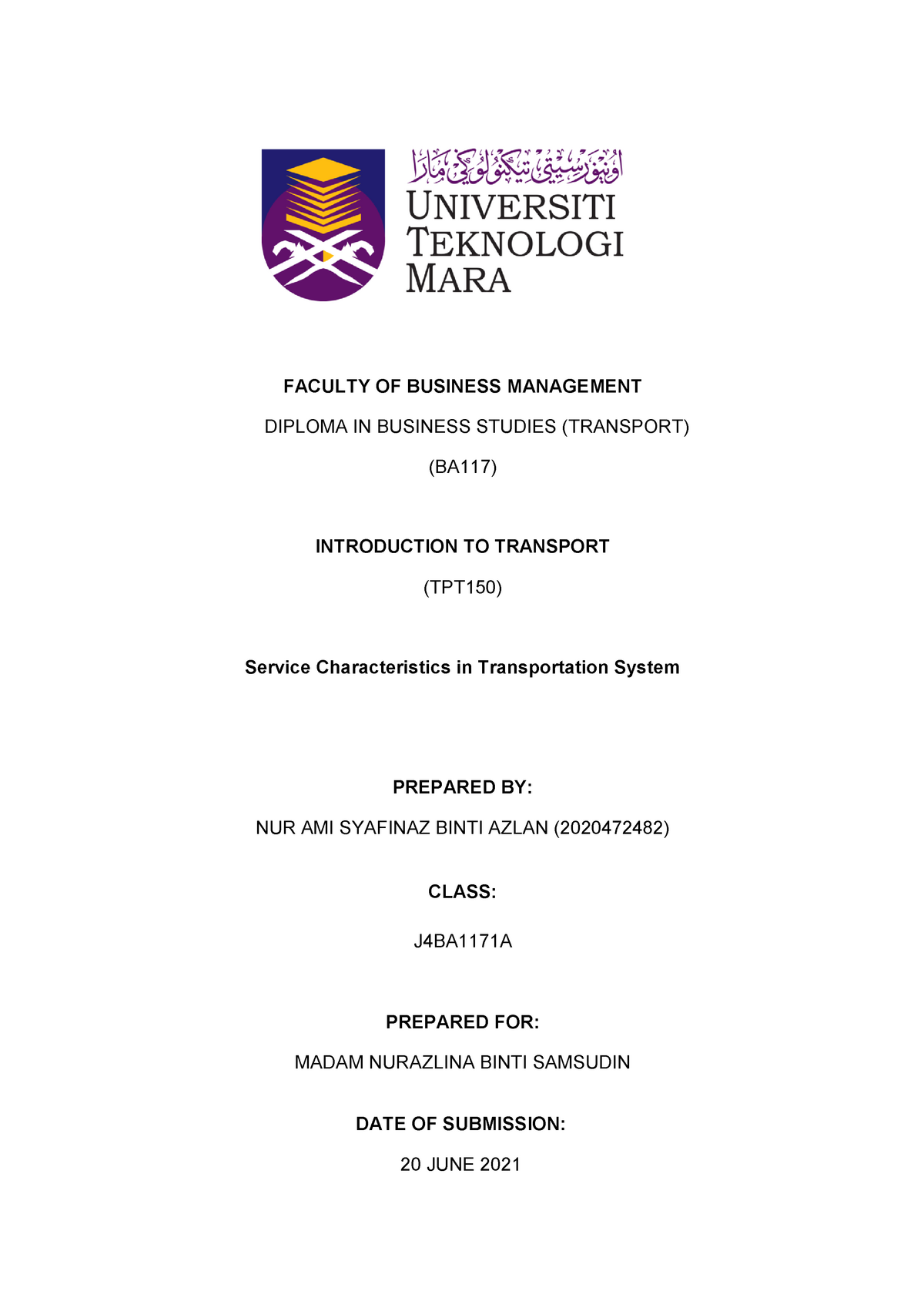 Service Characteristic IN Transportation System - Fundamental of ...