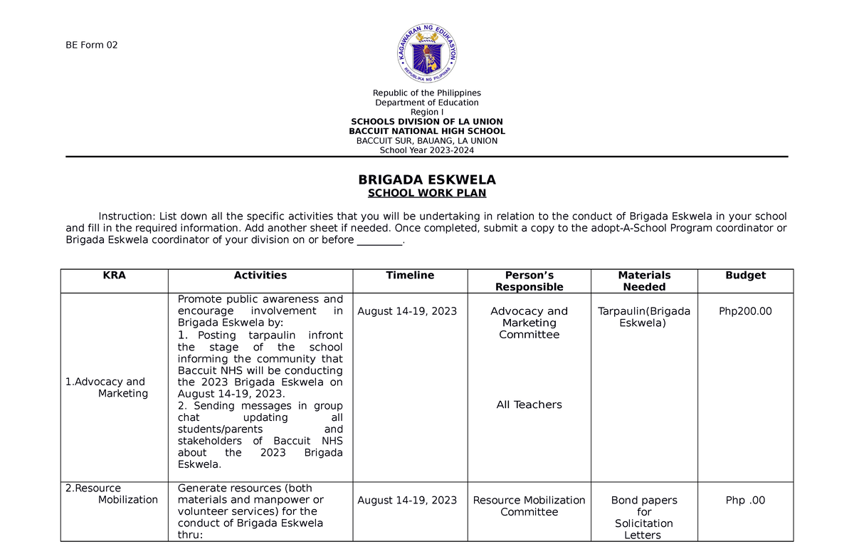 BE Form 2 School WORK PLAN - BE Form 02 Republic of the Philippines ...