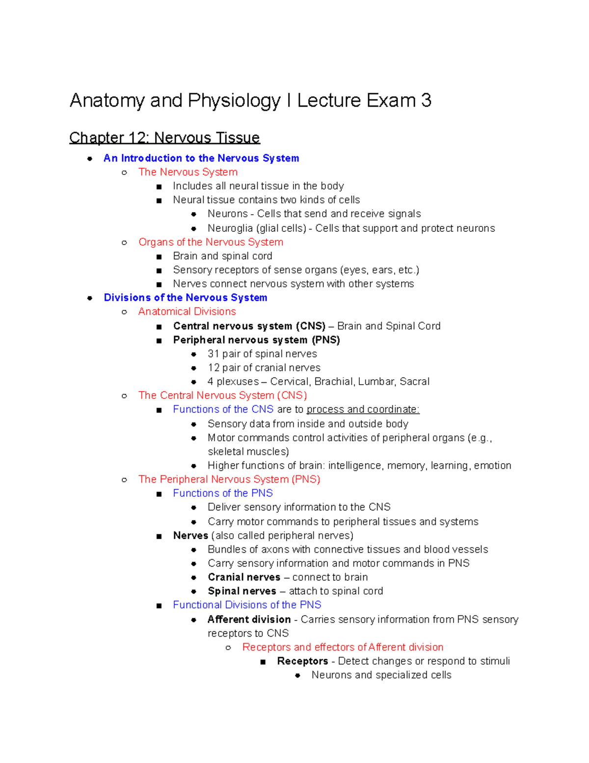 Anatomy And Physiology I Lecture Exam 3 - ) Nerves Connect Nervous ...