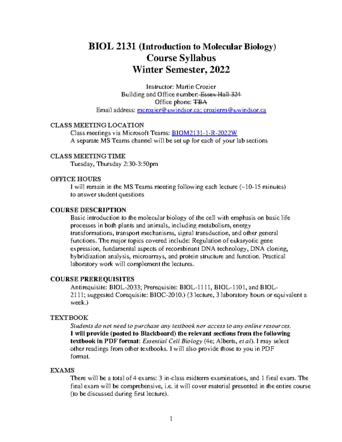 Syllabus 2022 Second Sem - BIOL 3500 - U of W - Studocu