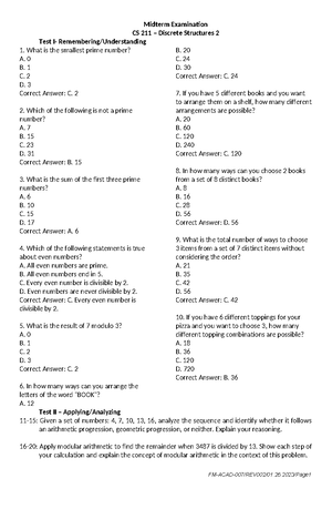 Midterm EXAM - CS 121 - Discrete Structures is a foundational subject ...
