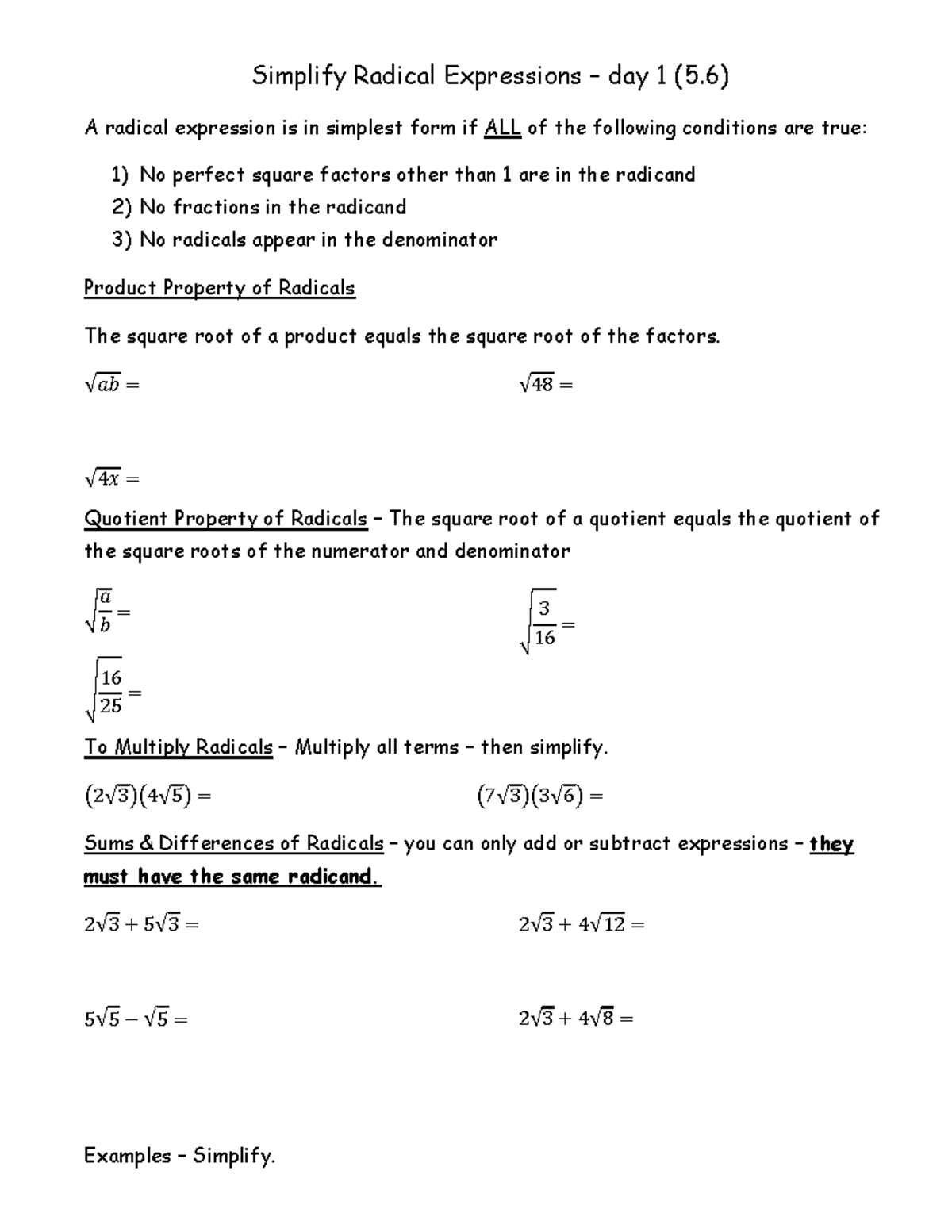 Simplify+radicals+-+day+1+(5 - Simplify Radical Expressions – day 1 (5 ...