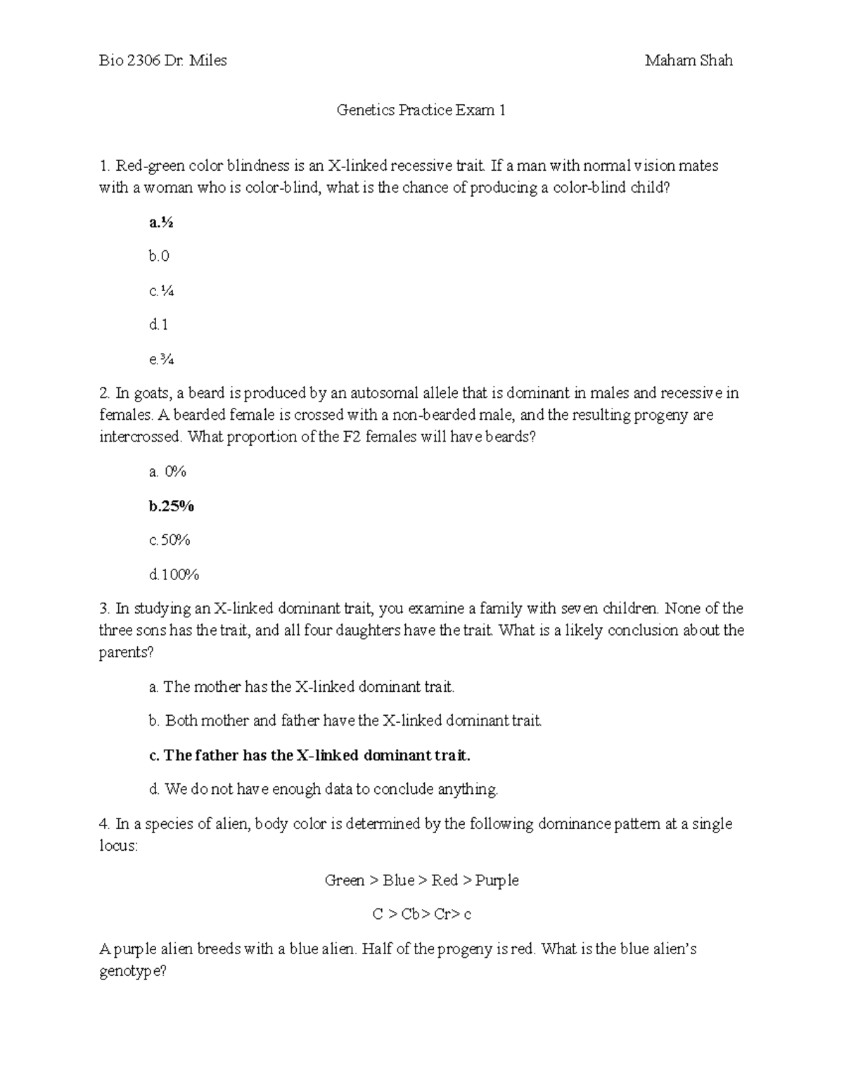 Genetics Practice Exam 1 KEY - Genetics Practice Exam 1 Red-green Color ...