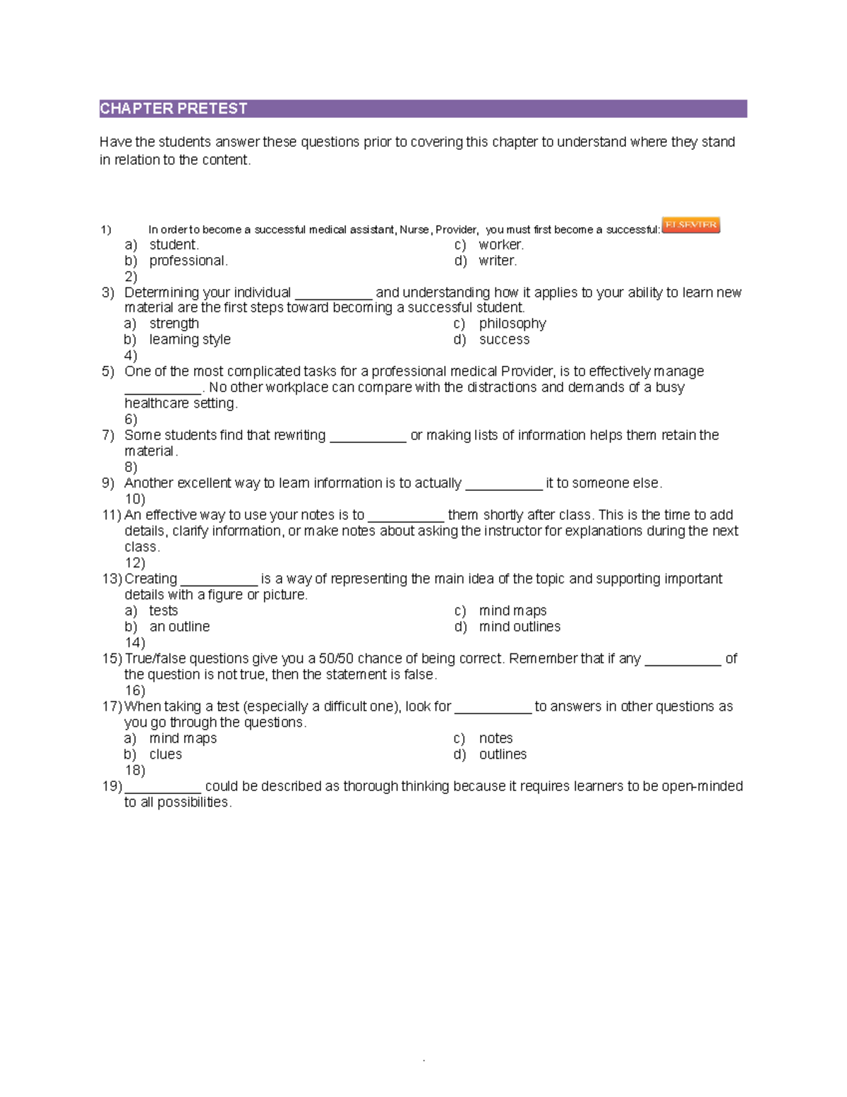 Ch 1 Pretest-1 - In Regards To Exam - CHAPTER PRETEST Have The Students ...