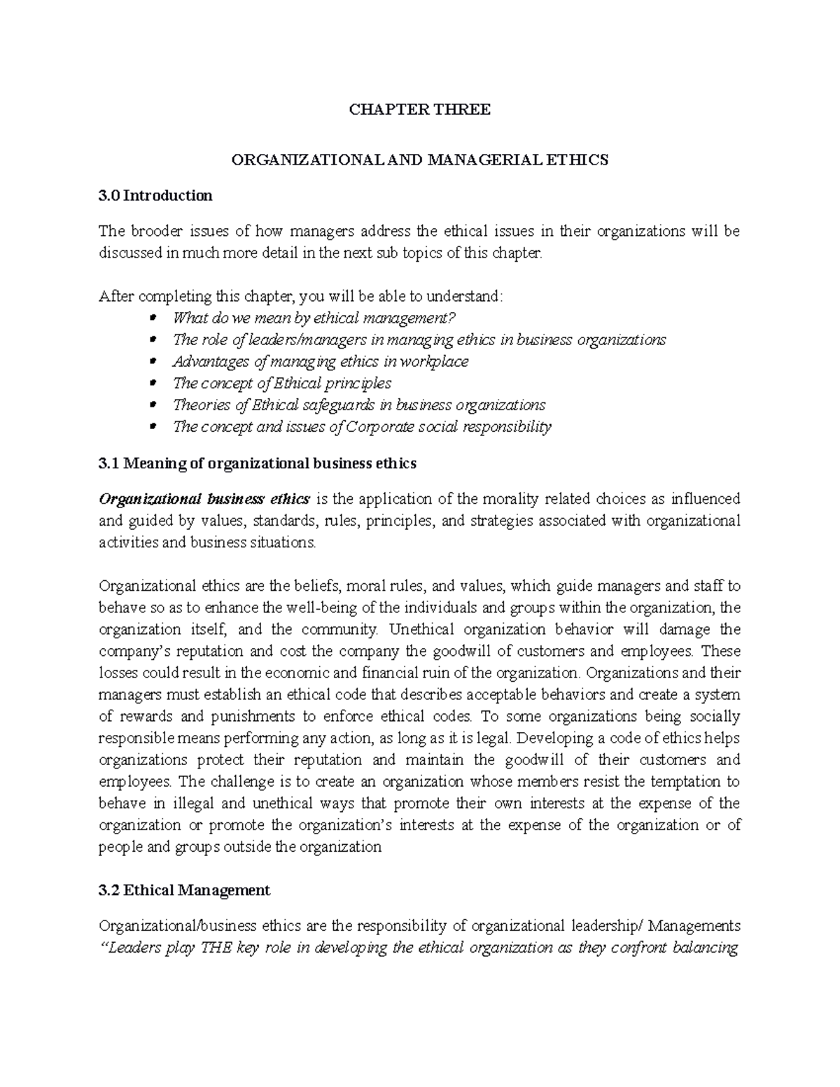 Chapter three Up - CHAPTER THREE ORGANIZATIONAL AND MANAGERIAL ETHICS 3 ...