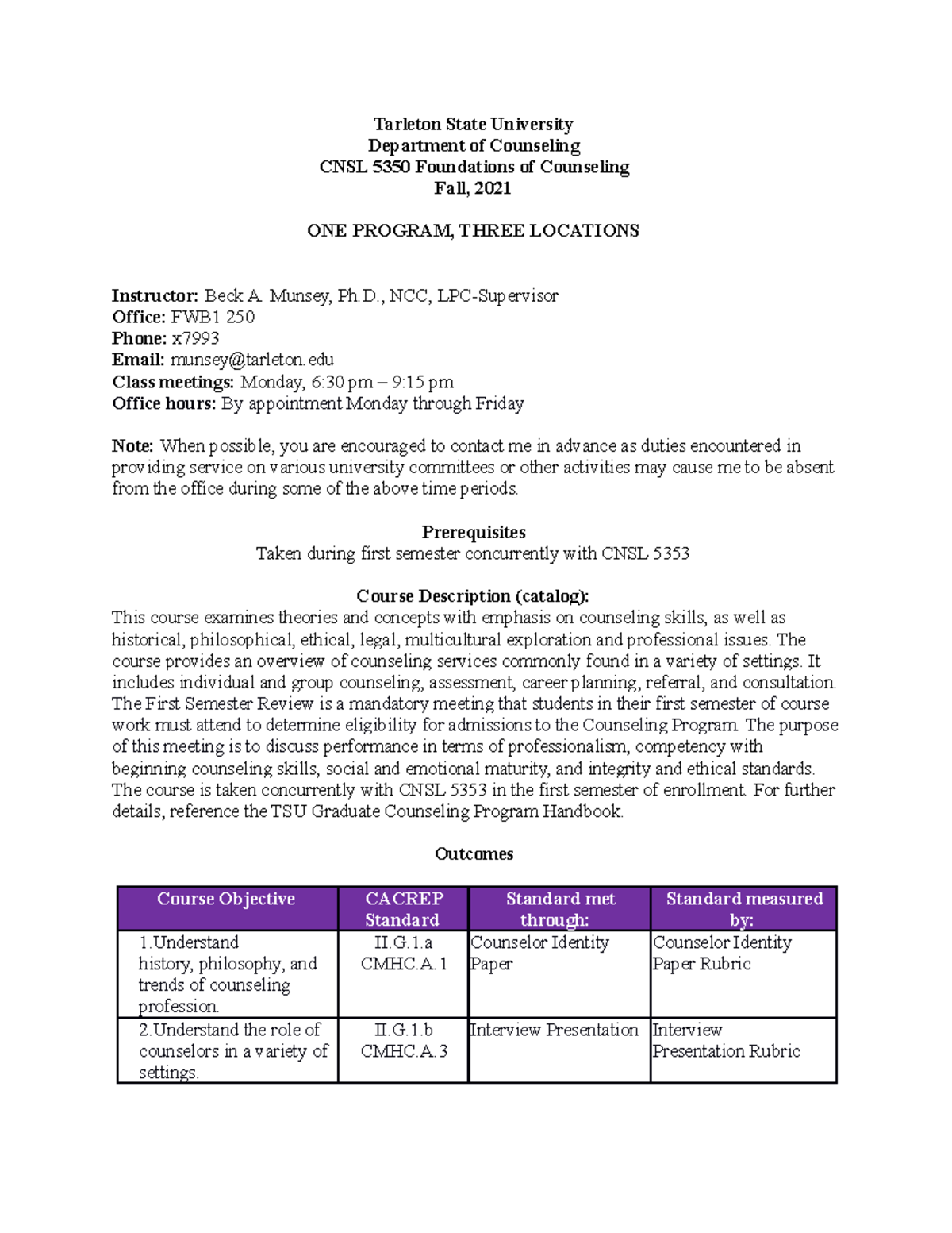 CNSL 535 0 Foundations of Counseling Cacrep Syllabus Munsey Fall 2021