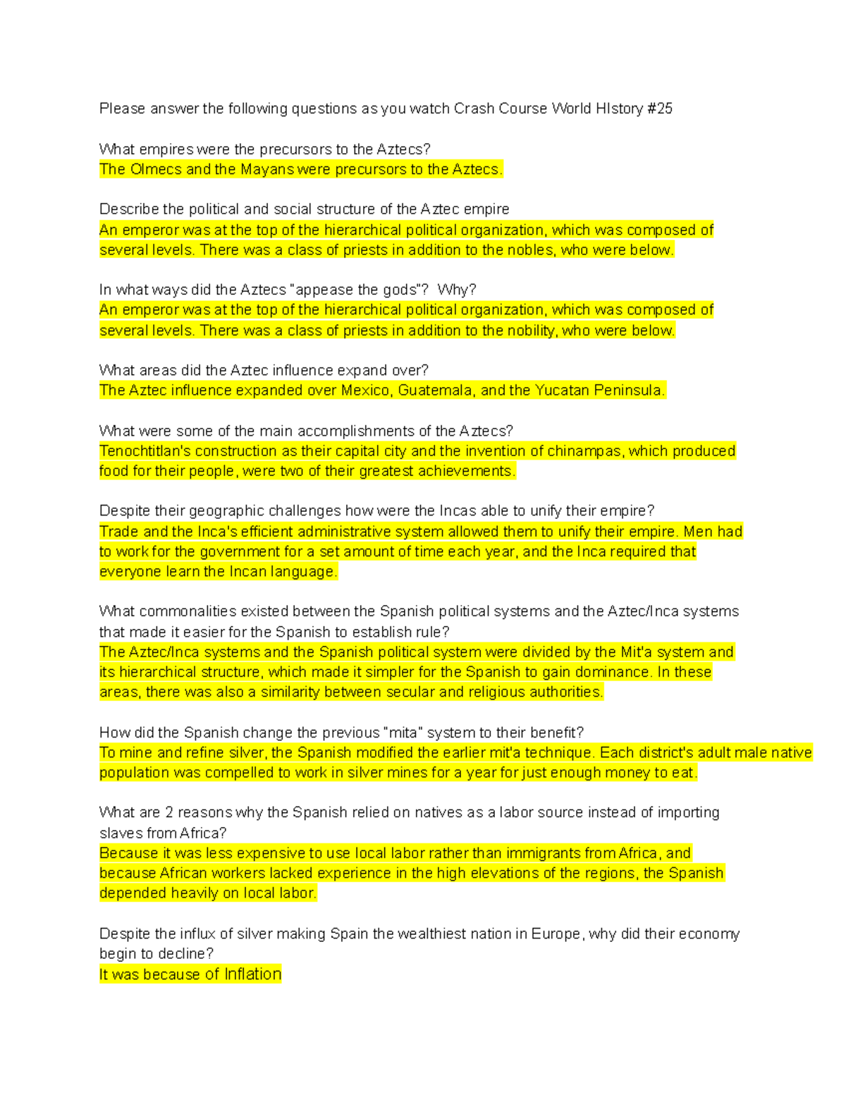 Crash Course Spanish Empire Please answer the following questions as