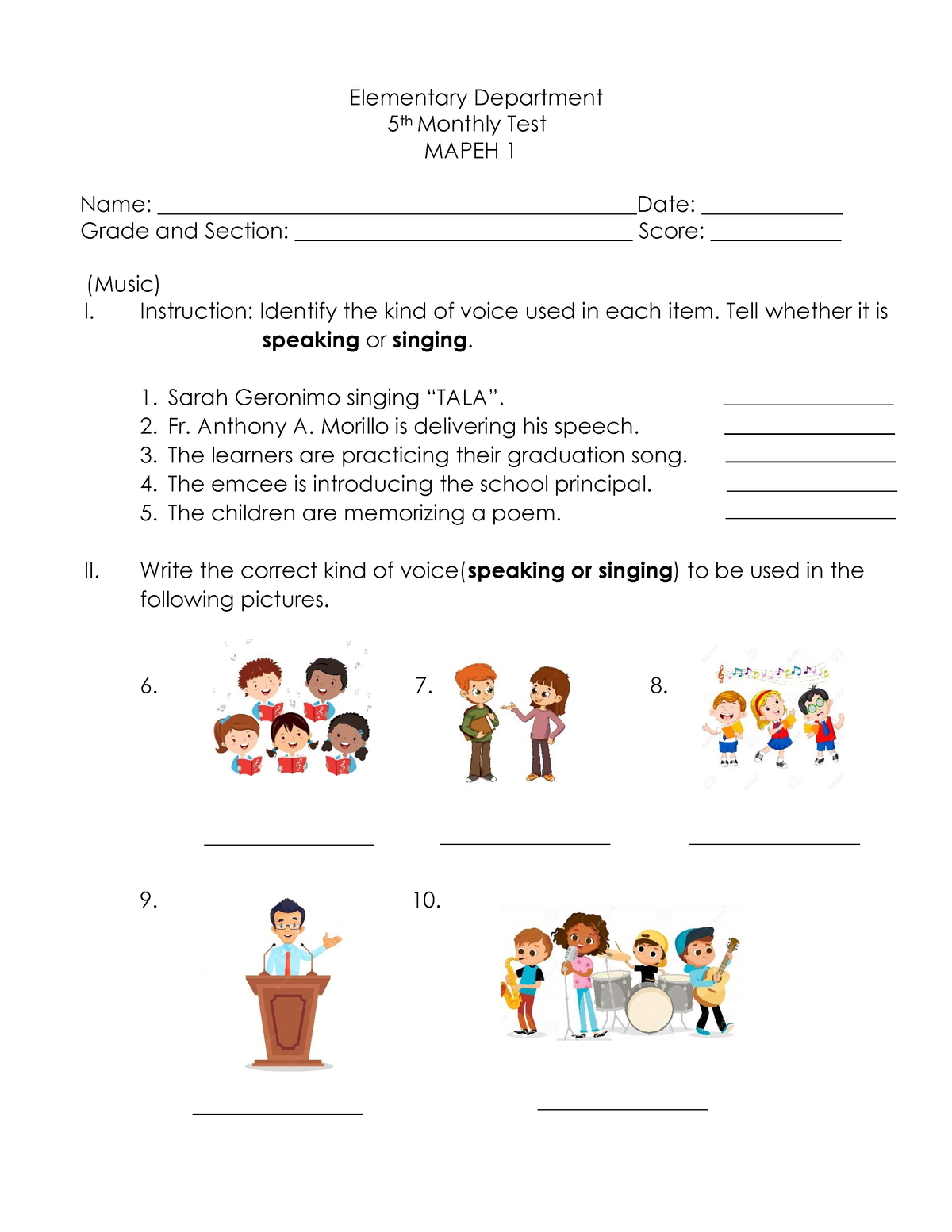 Mapeh 1 5th Monthly Test - Elementary Department 5 Th Monthly Test 