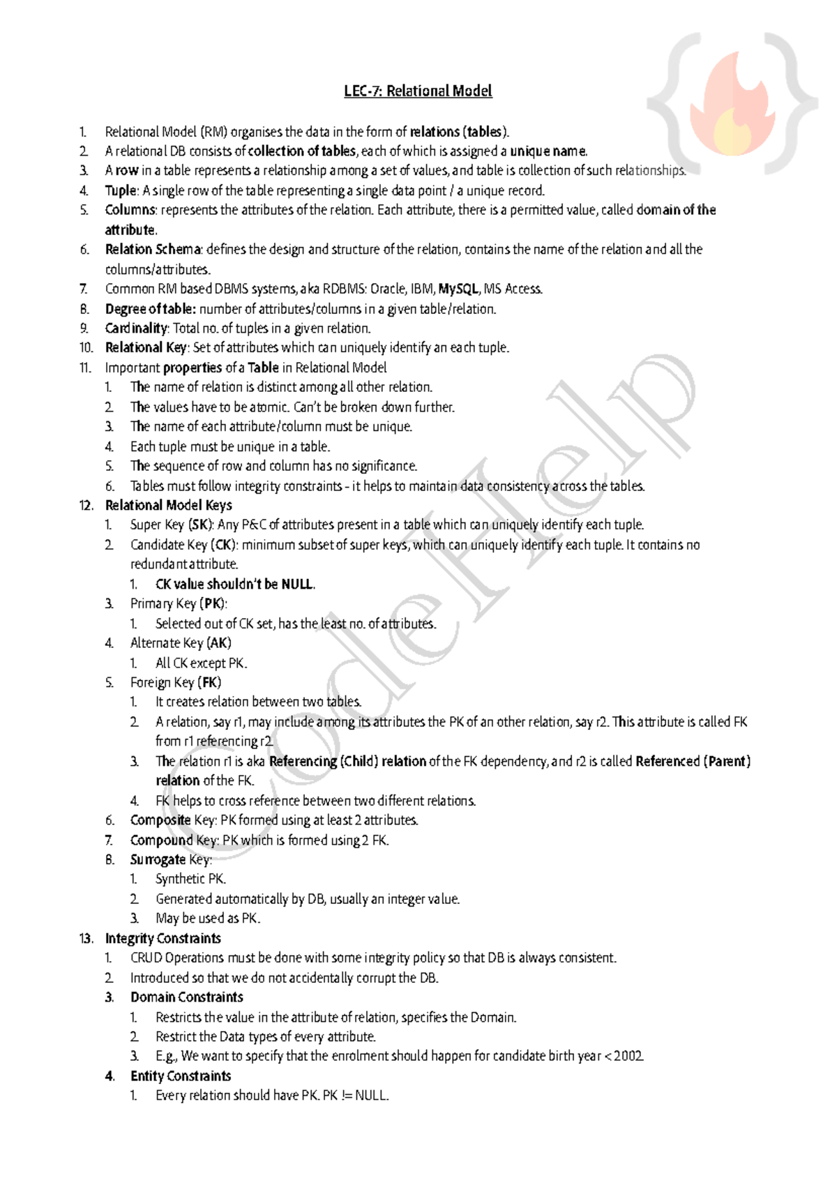 Lec 7 - Dbms notes - LEC-7: Relational Model Relational Model (RM ...