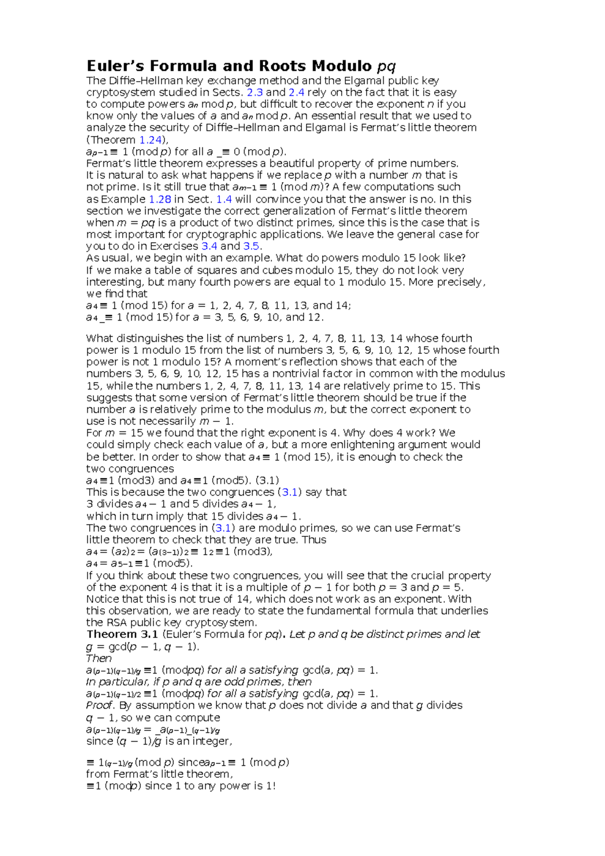 Euler’s Formula and Roots Modulo pq Euler’s Formula and Roots Modulo