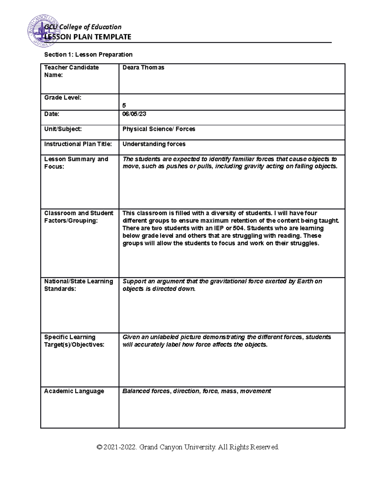 Science Lesson Plan - A work - LESSON PLAN TEMPLATE Section 1: Lesson ...