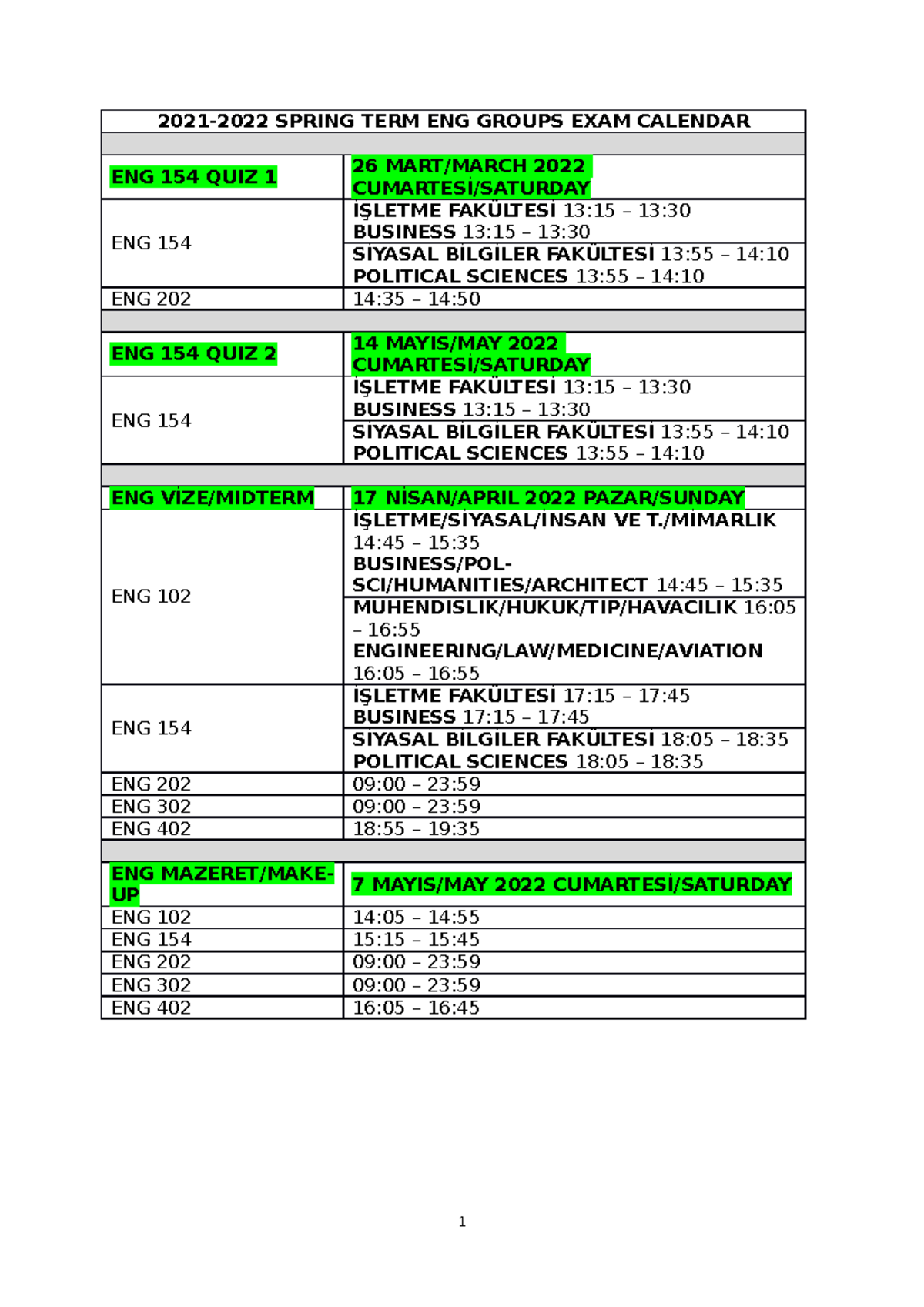 2021-2022 ENG Groups Spring TERM EXAM Calendar - 2021-2022 SPRING TERM ...