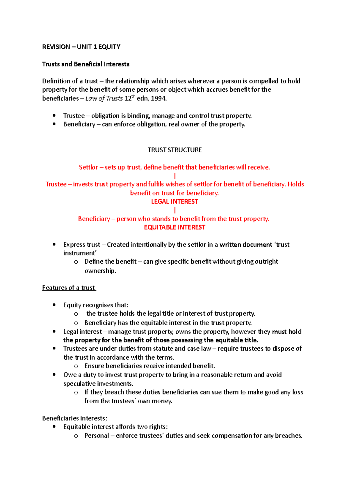 Revision - REVISION – UNIT 1 EQUITY Trusts and Beneficial Interests ...