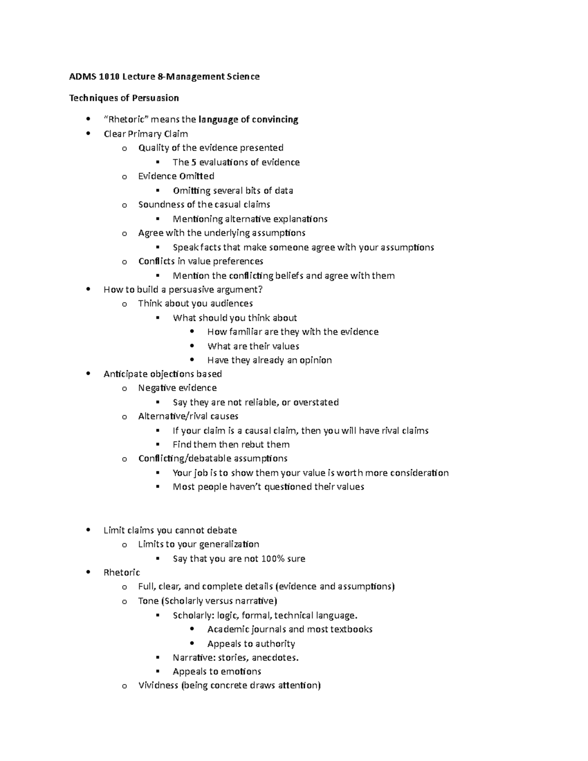 ADMS 1010 Lecture 8 - ADMS 1010 Lecture 8-Management Science Techniques ...
