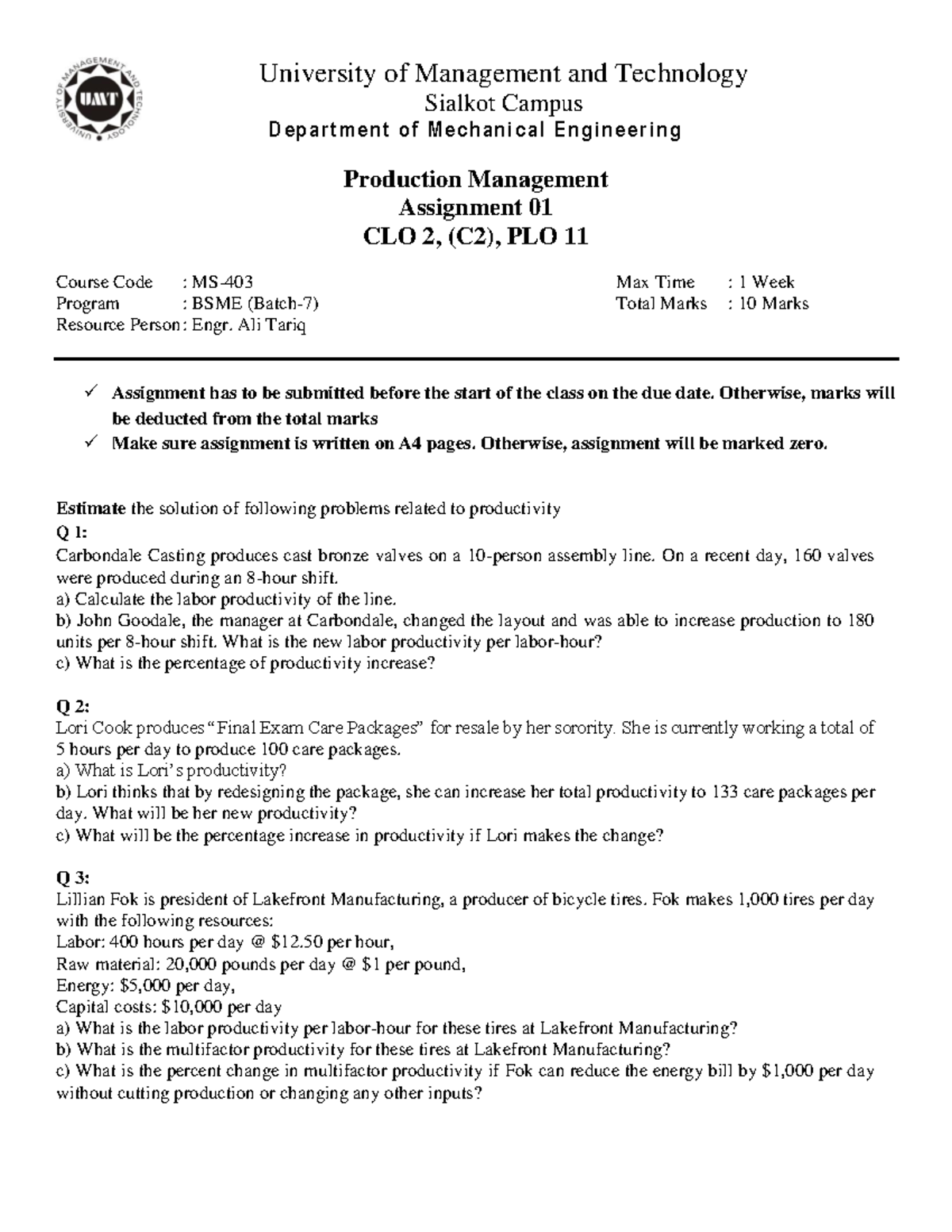 Assignment 1 - CLO 2 - PLO 11 - University of Management and Technology ...