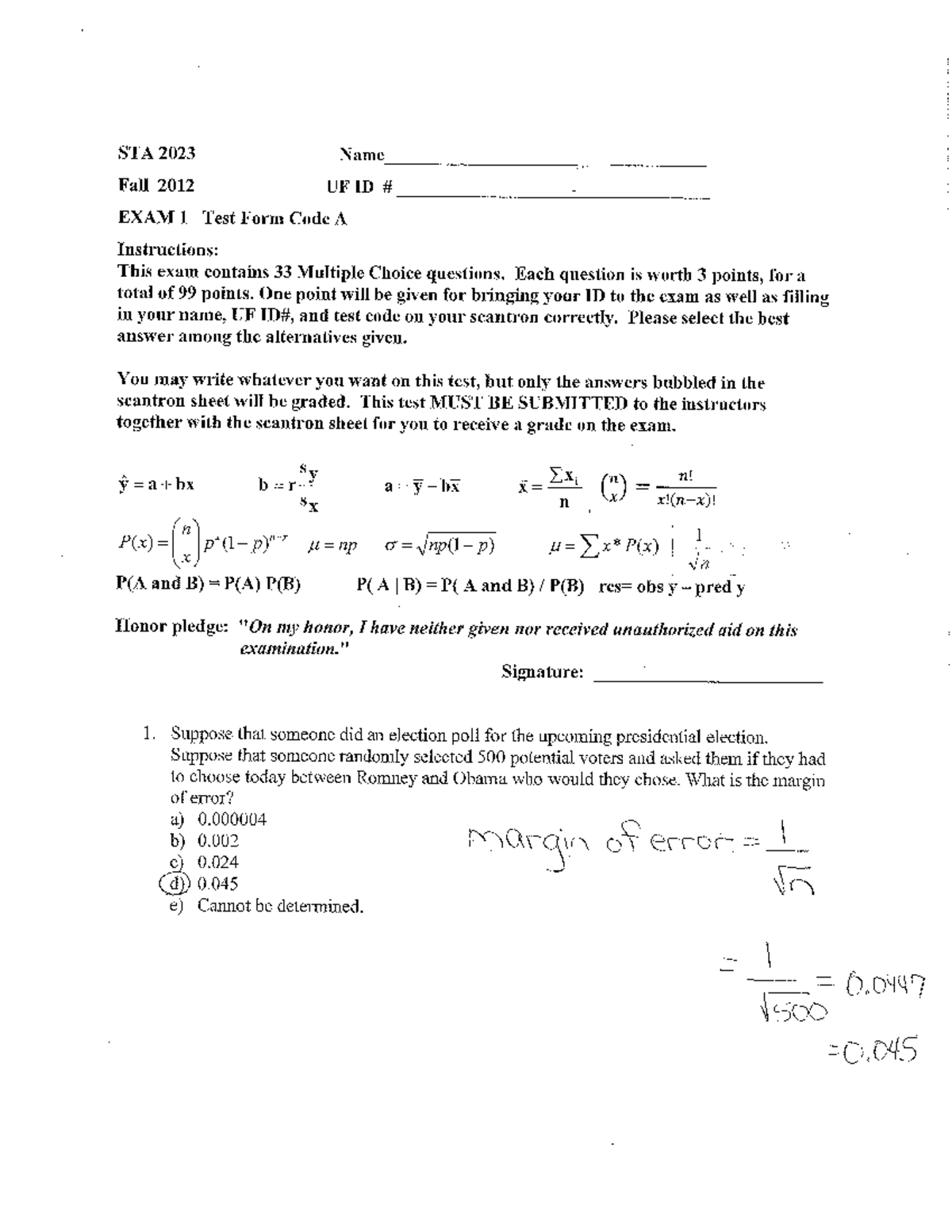 Exam1Fall2012 ans - Answer sheet to the 2012 midterm exam for STA2023 ...