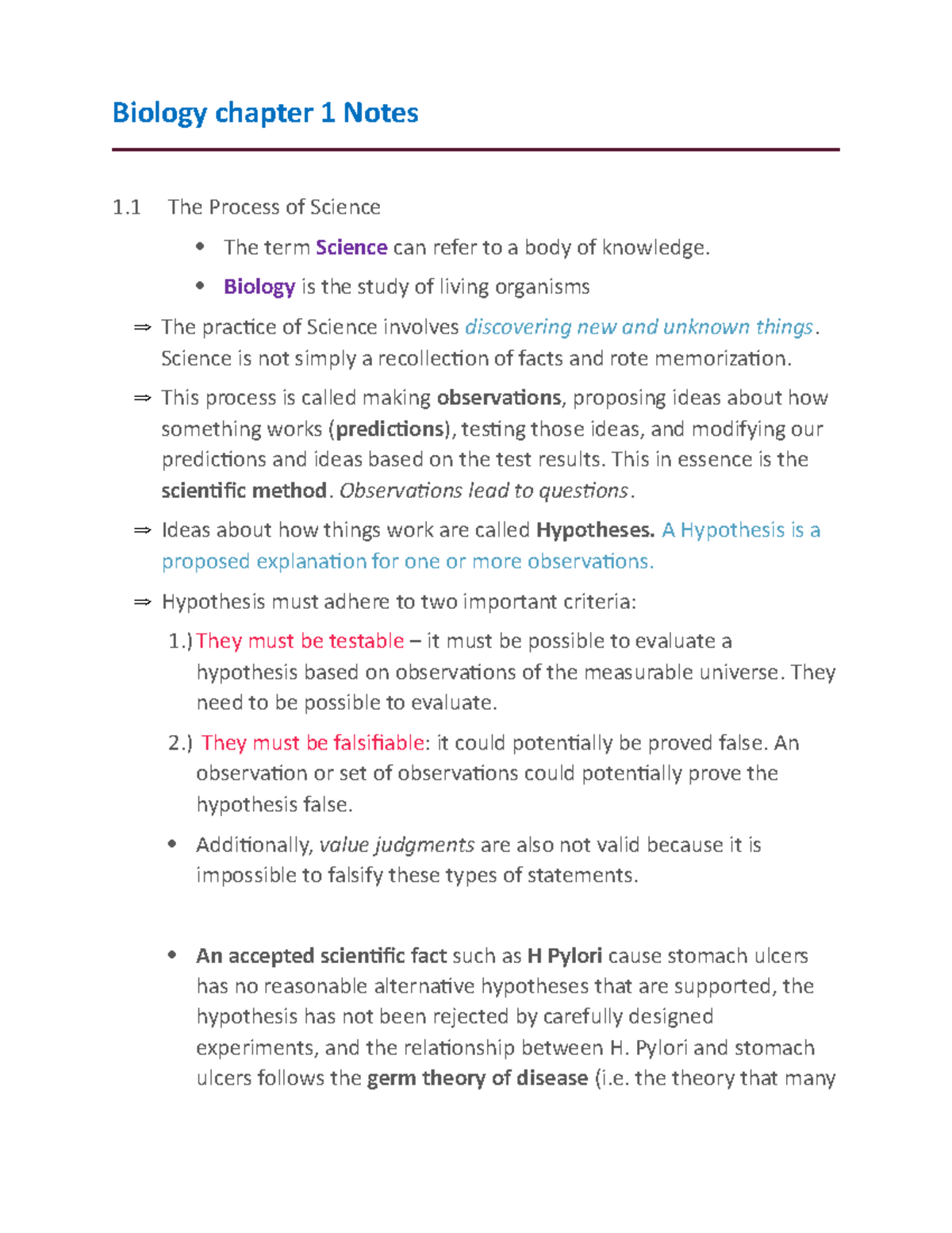 Biology Chapter 1 Study Notes - Biology Chapter 1 Notes 1 The Process ...