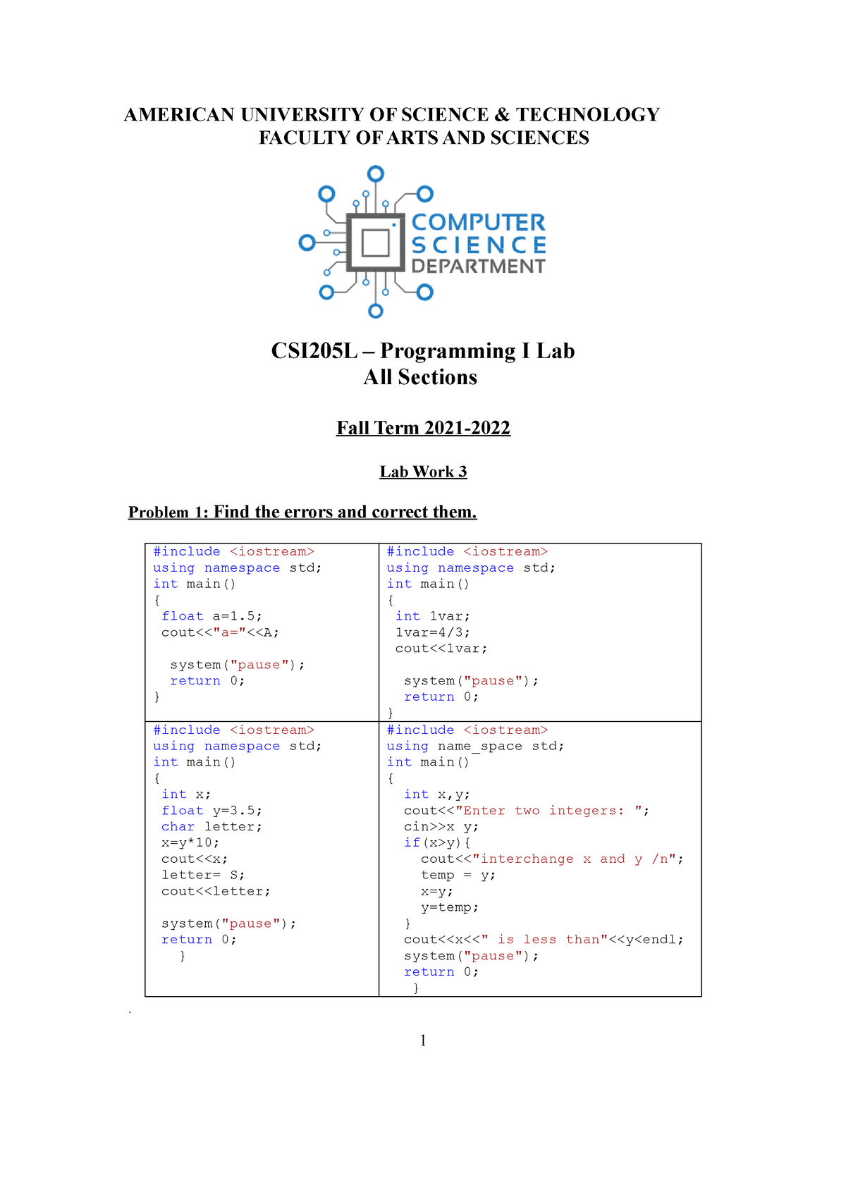 CSI205 Lab 3 - C++ Practice Exercises - AMERICAN UNIVERSITY OF SCIENCE ...