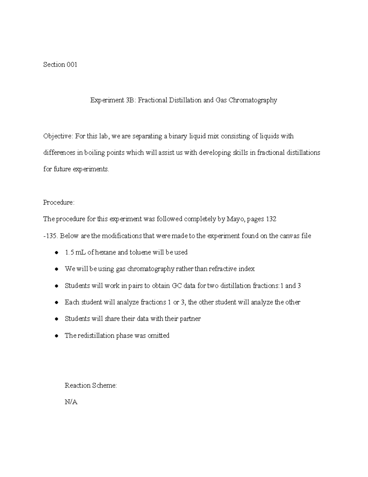 Lab Report 8 Section 001 Experiment 3B Fractional Distillation and Gas Chromatography