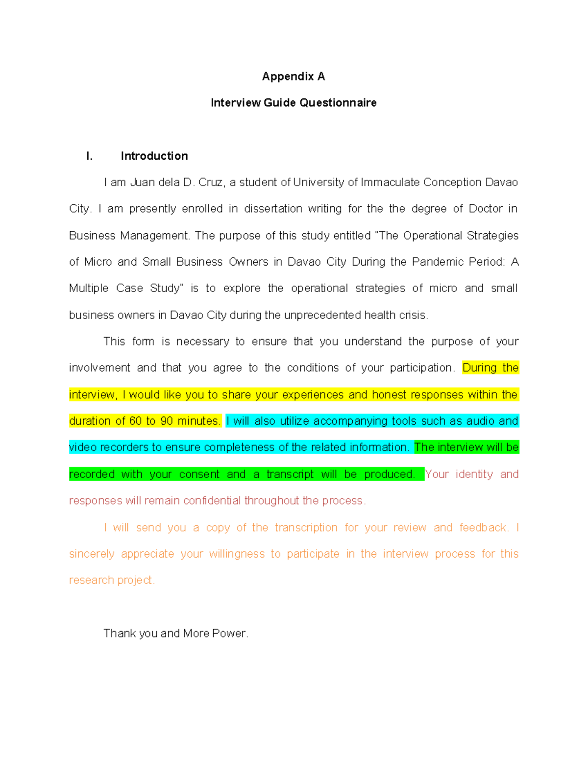 Interview- Guide- Questionnaire - Introduction I am Juan dela D. Cruz ...