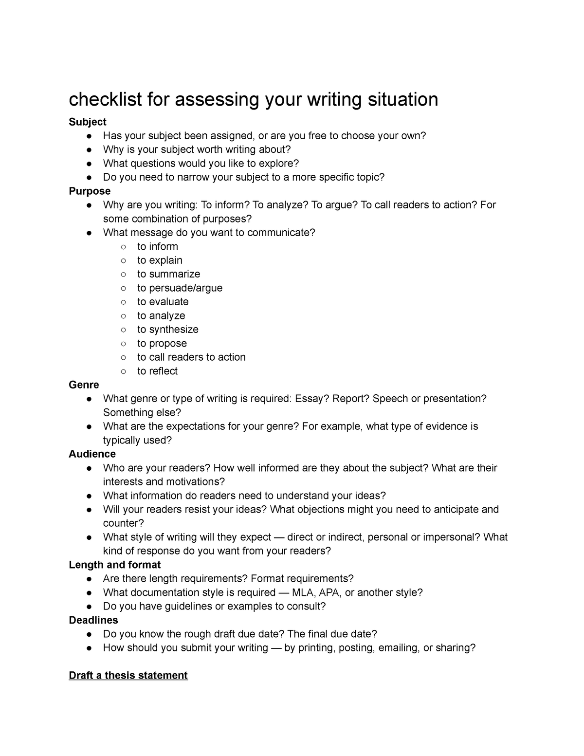 First Draft Checklist - Rules for Writers - Comp I - checklist for ...