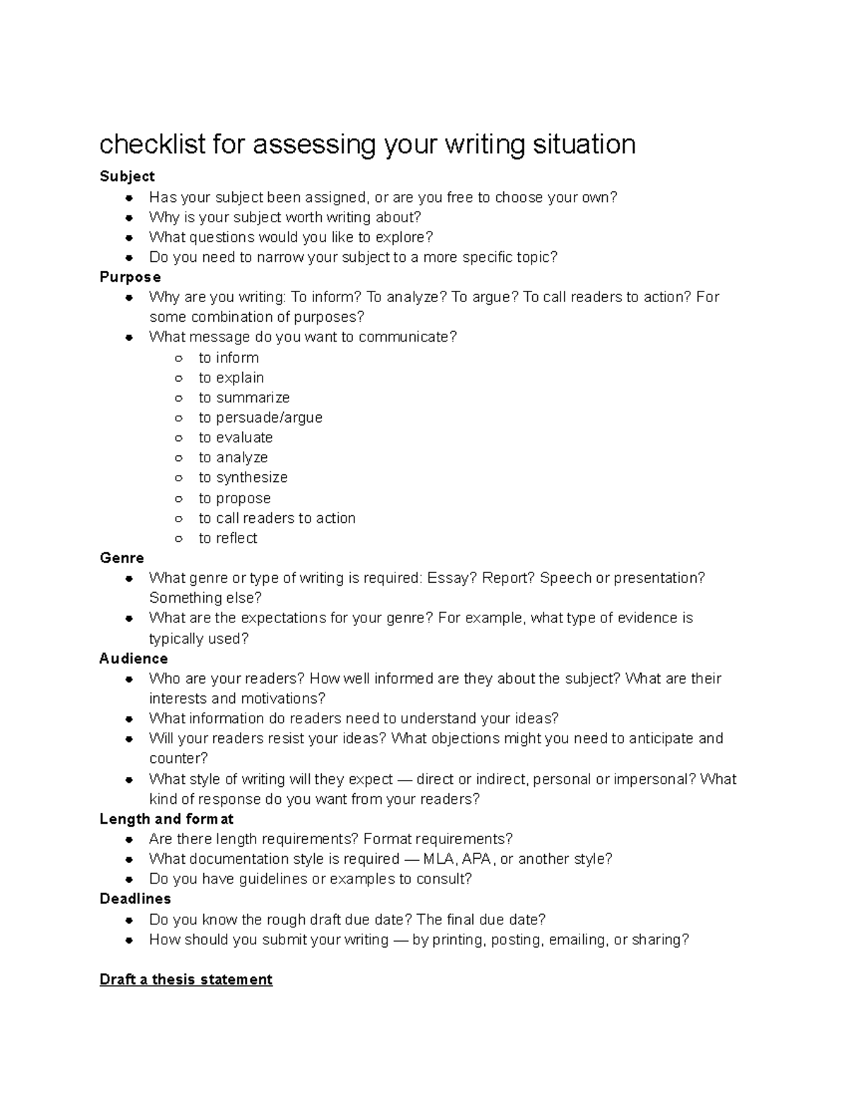 First Draft Checklist - Rules for Writers - Comp I - checklist for ...