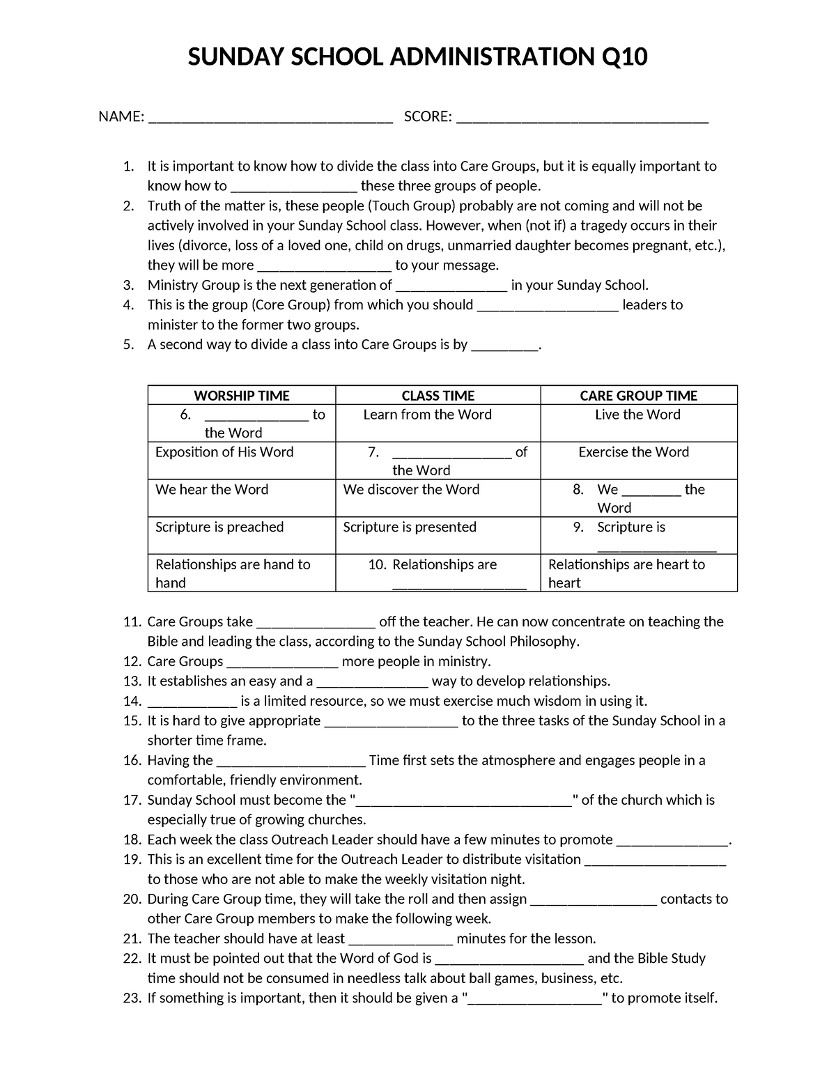 Sunday School Administration Q10 - SUNDAY SCHOOL ADMINISTRATION Q NAME ...